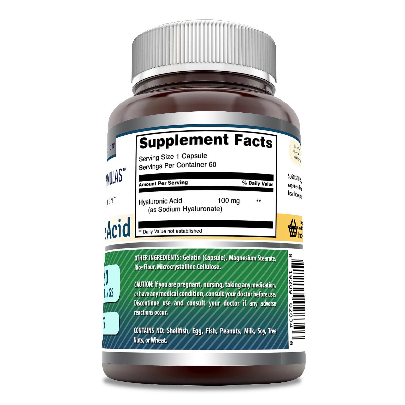Amazing Formulas ácido hialurónico 100 mg - primer plano de cápsulas para uso diario.