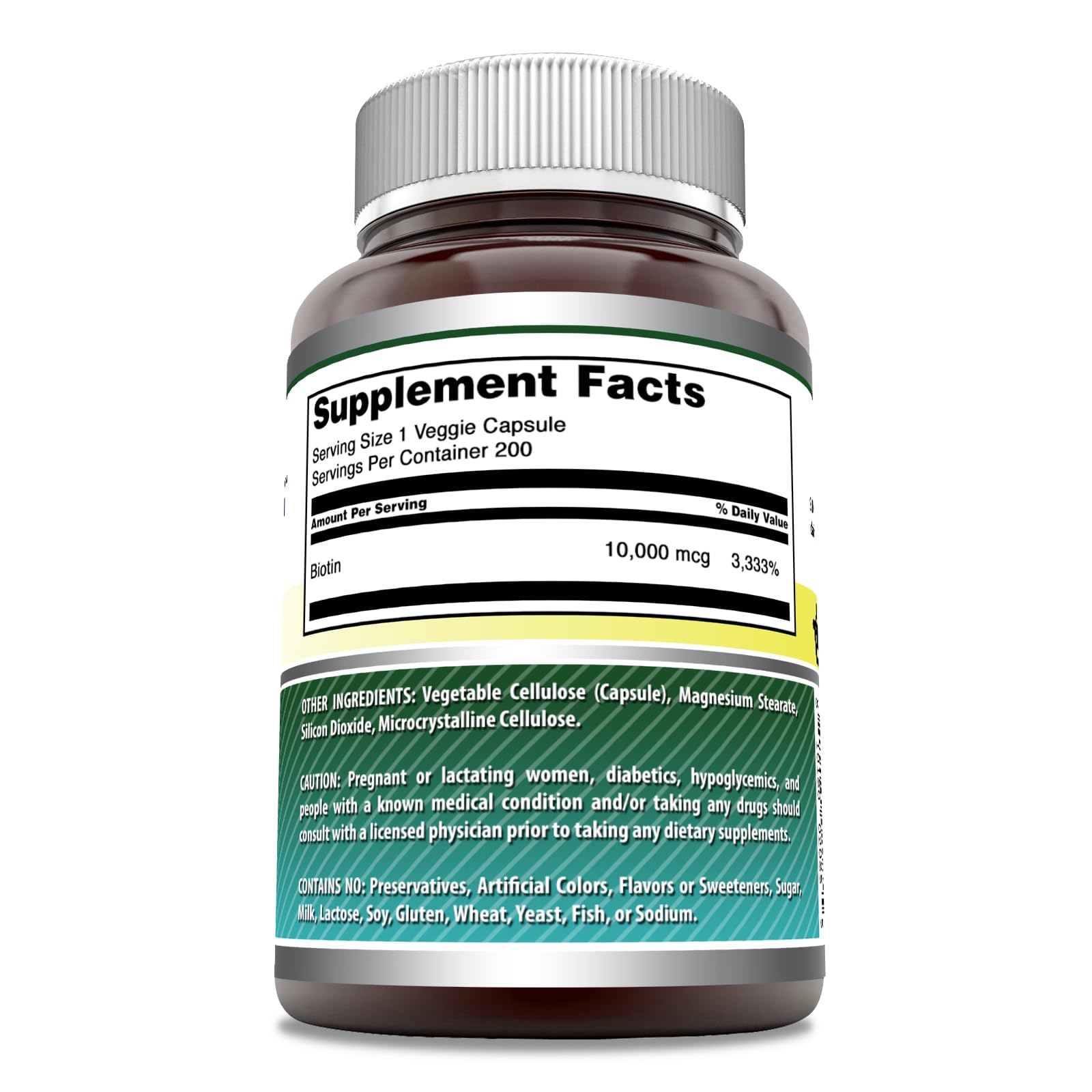 Etiqueta frontal de Amazing Formulas Biotina 10000 mcg en empaque seguro.