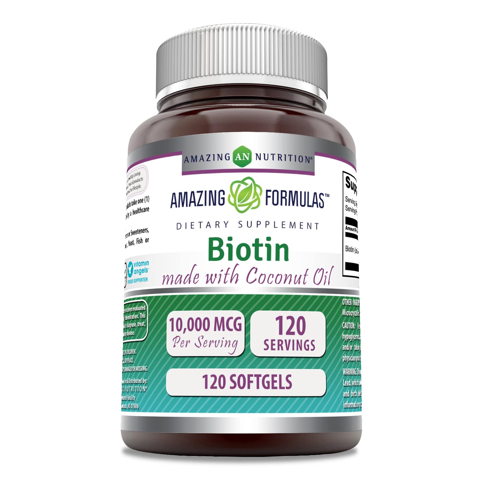 Amazing Formulas Biotina con aceite de coco virgen en envase frontal para uso diario.
