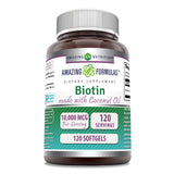 Amazing Formulas Biotina con aceite de coco virgen en envase frontal para uso diario.