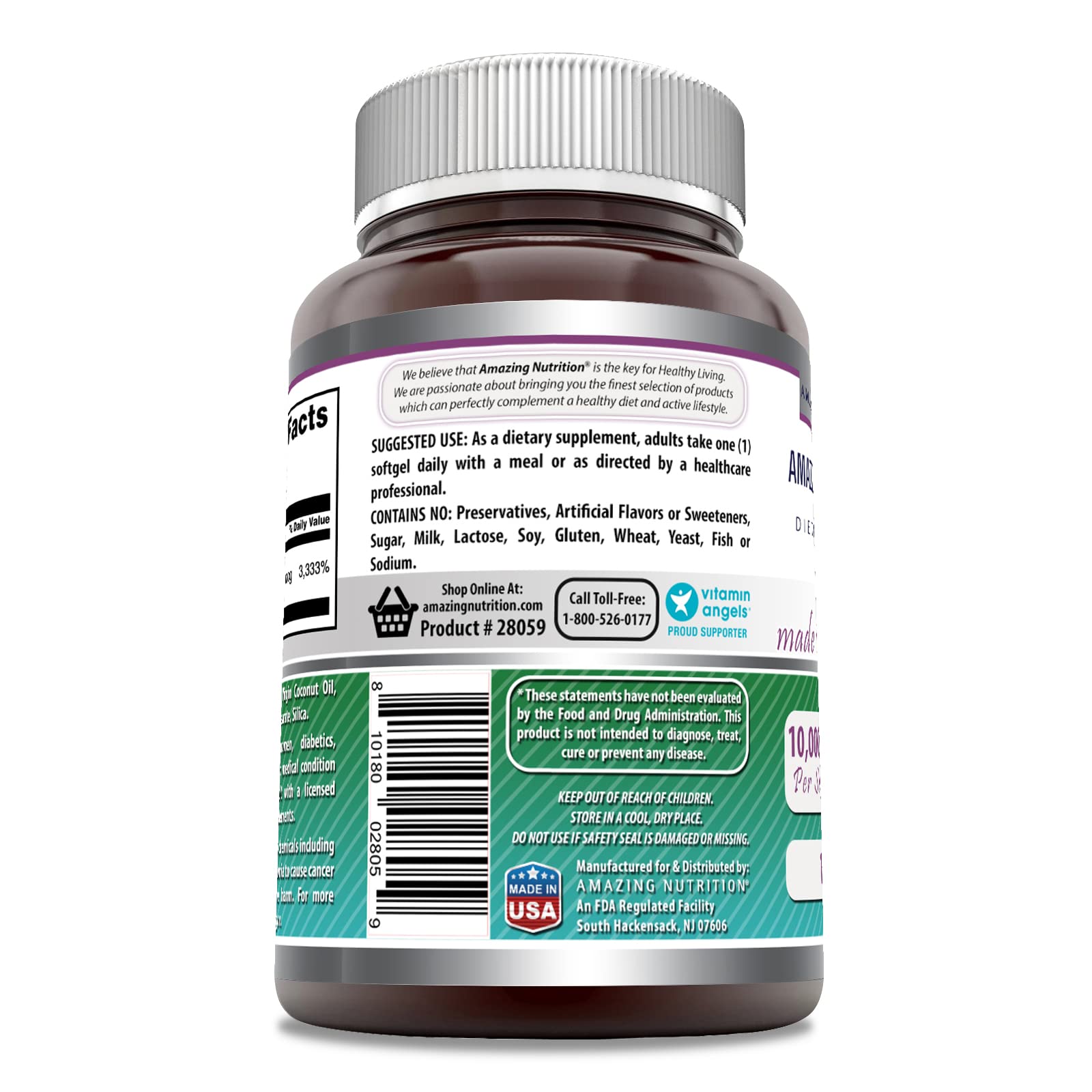 Amazing Formulas Biotina con etiqueta detallada para verificar porciones y pureza.