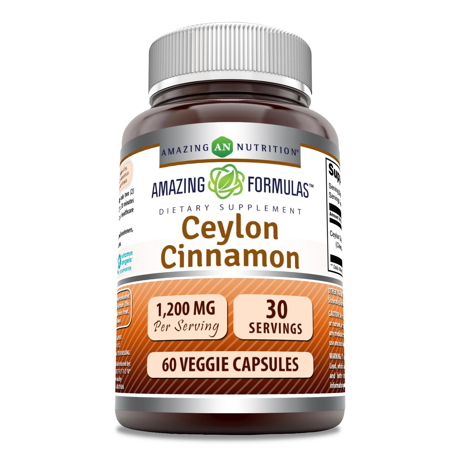 Amazing Formulas canela de Ceilán 1200 mg, botella frontal, para uso diario.