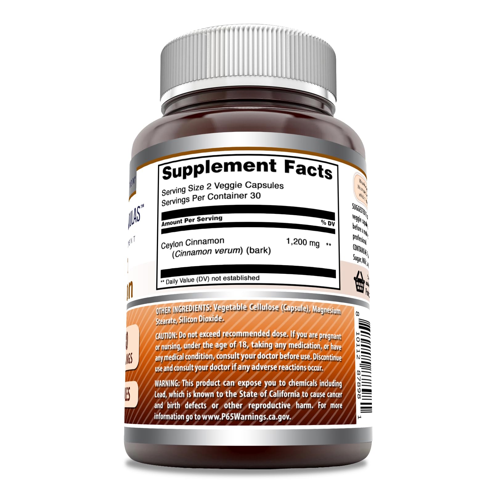 Amazing Formulas canela de Ceilán 1200 mg, cápsulas vegetales para consumo diario.