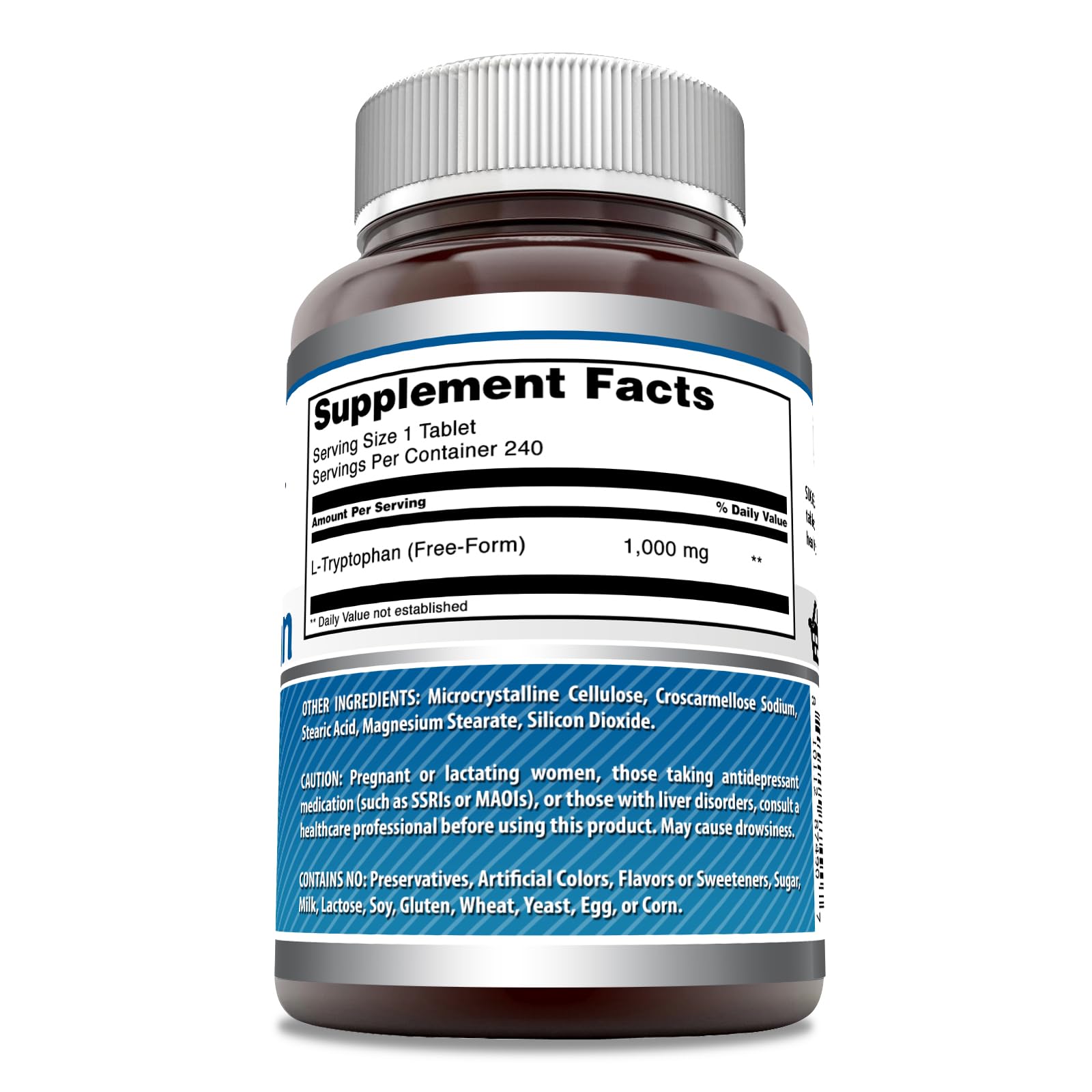 Amazing Formulas L-Triptofano 1000 mg, etiqueta visible, fórmula libre de gluten para diario