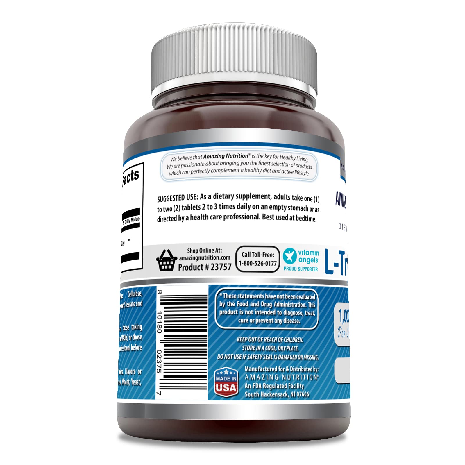Etiqueta clara de Amazing Formulas L-triptófano 1000 mg para una dosis confiable