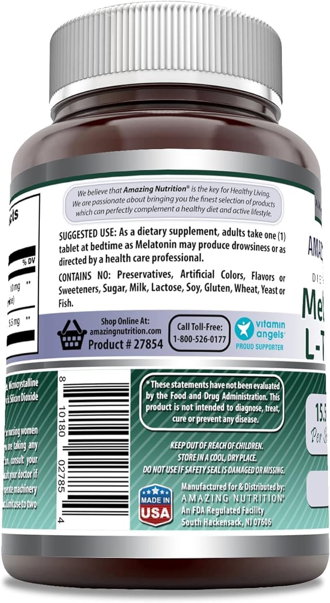 Etiqueta frontal de Amazing Formulas Melatonina y L-Teanina con pureza