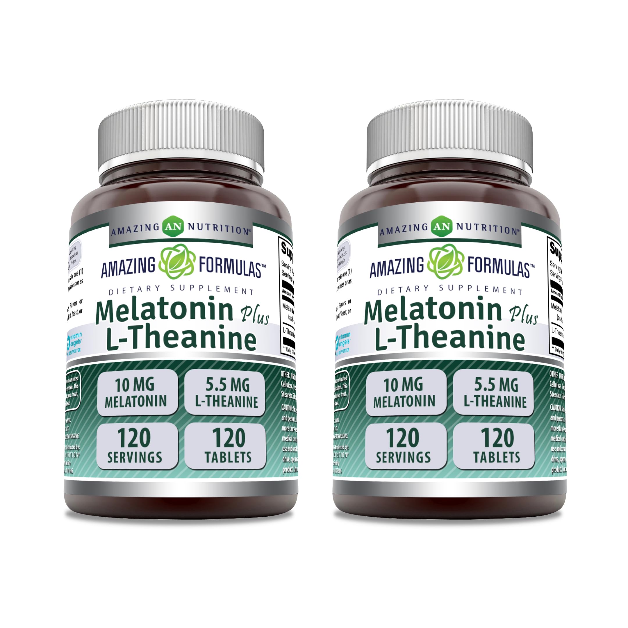 Amazing Formulas Melatonina 10 mg con L-Teanina 5,5 mg, tableta sobre mesa para descanso nocturno