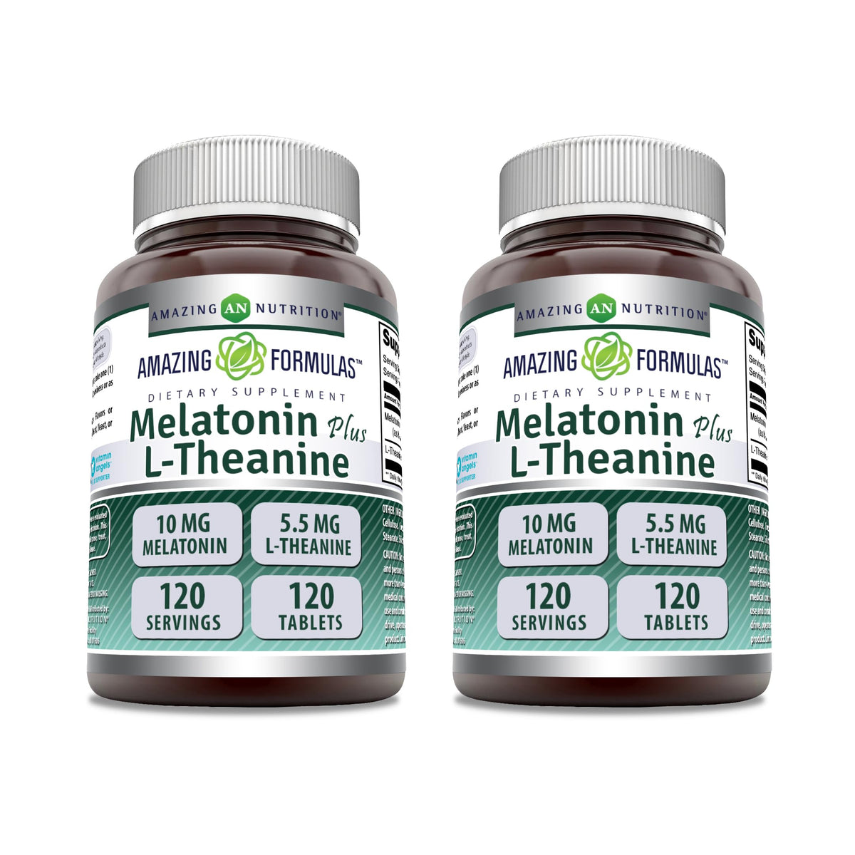 Amazing Formulas Melatonina 10 mg con L-Teanina 5,5 mg, tableta sobre mesa para descanso nocturno