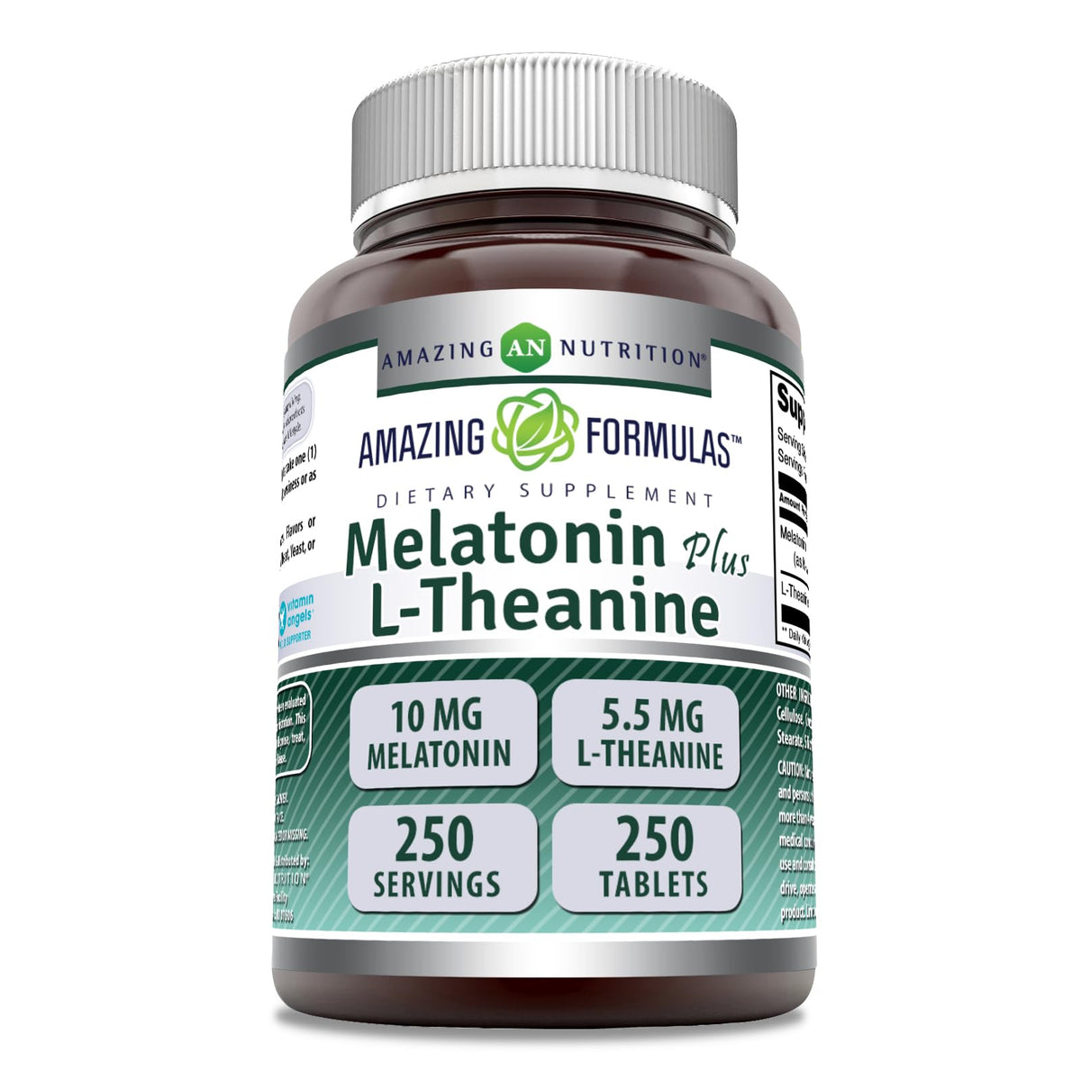 Etiqueta Amazing Formulas Melatonina 10 mg y L-Teanina 5,5 mg para sueño más tranquilo