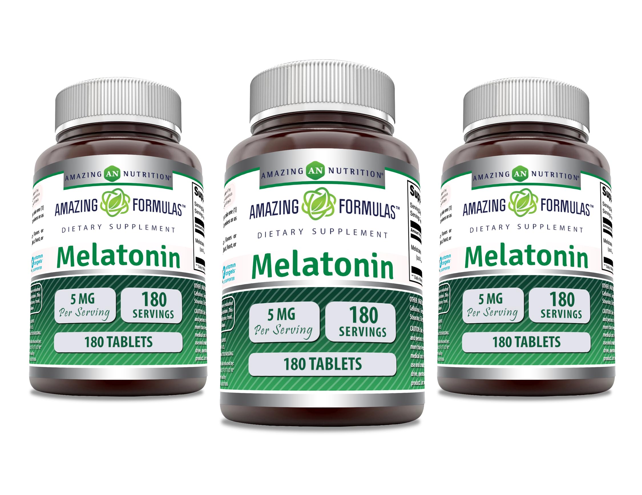 Amazing Formulas Melatonina 5 mg, frente de la botella, favorece el inicio del sueño