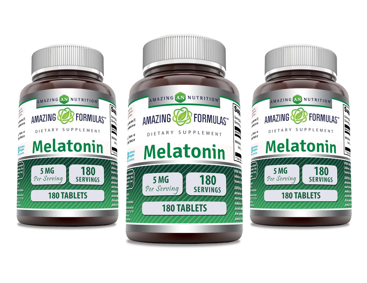 Amazing Formulas Melatonina 5 mg, frente de la botella, favorece el inicio del sueño