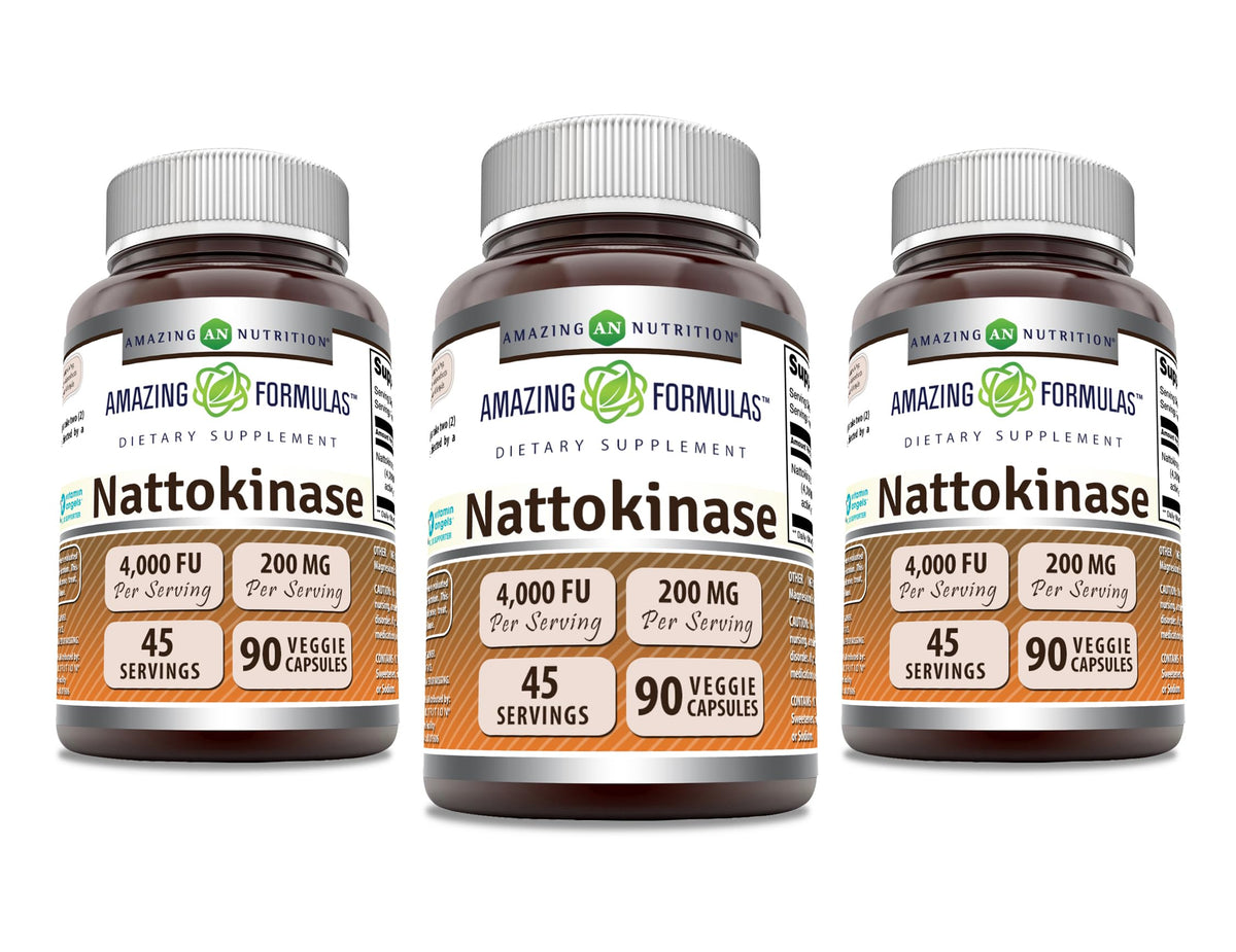 Botella de Amazing Formulas Nattokinasa de 100 mg para apoyo diario a la salud.