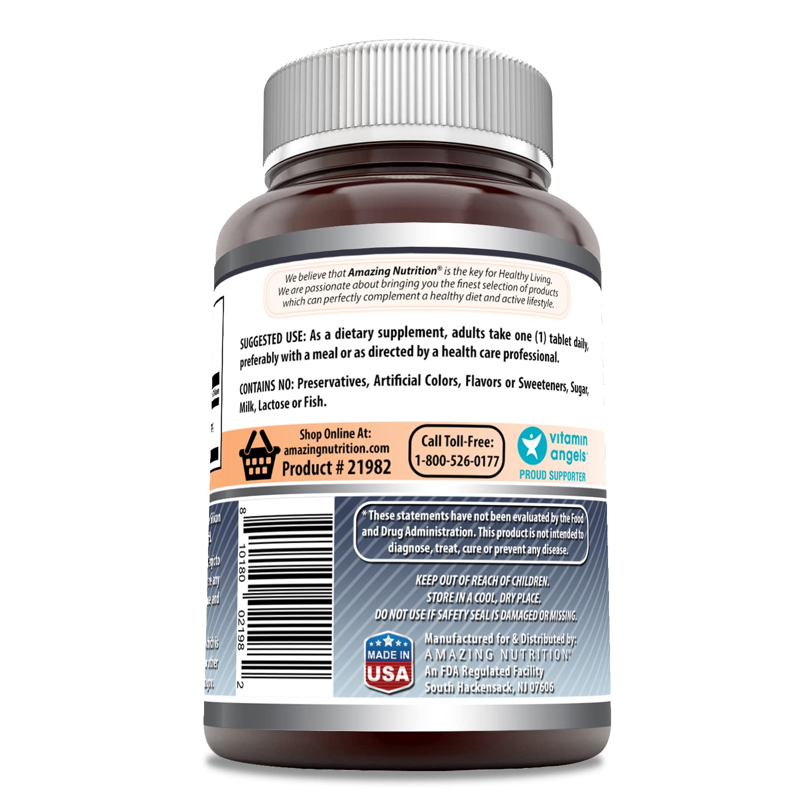 Amazing Formulas Selenium 200 mcg frasco posterior muestra información de dosis.