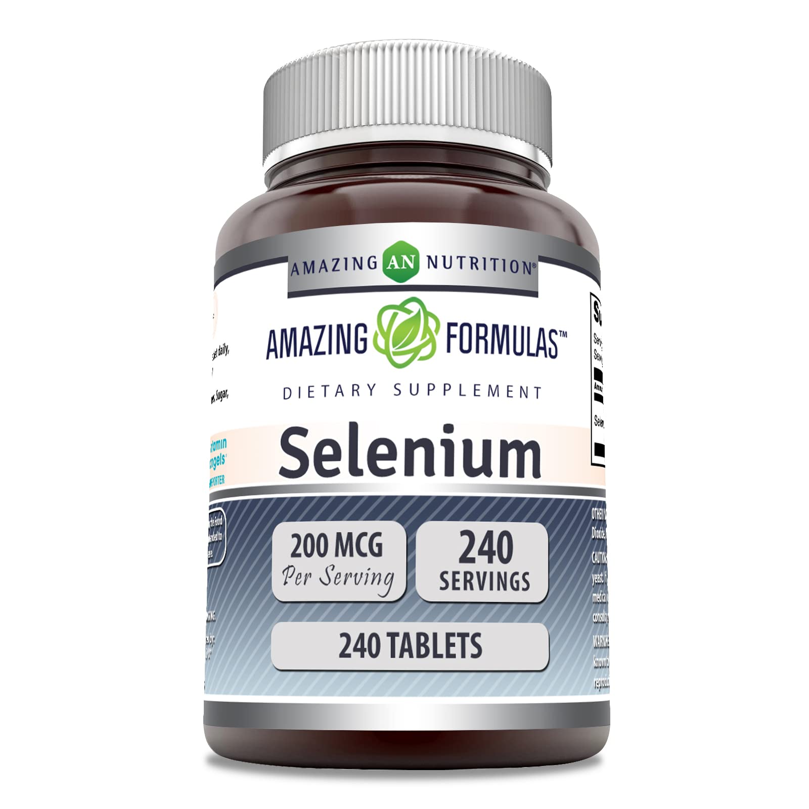 Amazing Formulas Selenium 200 mcg frasco frontal para uso diario.