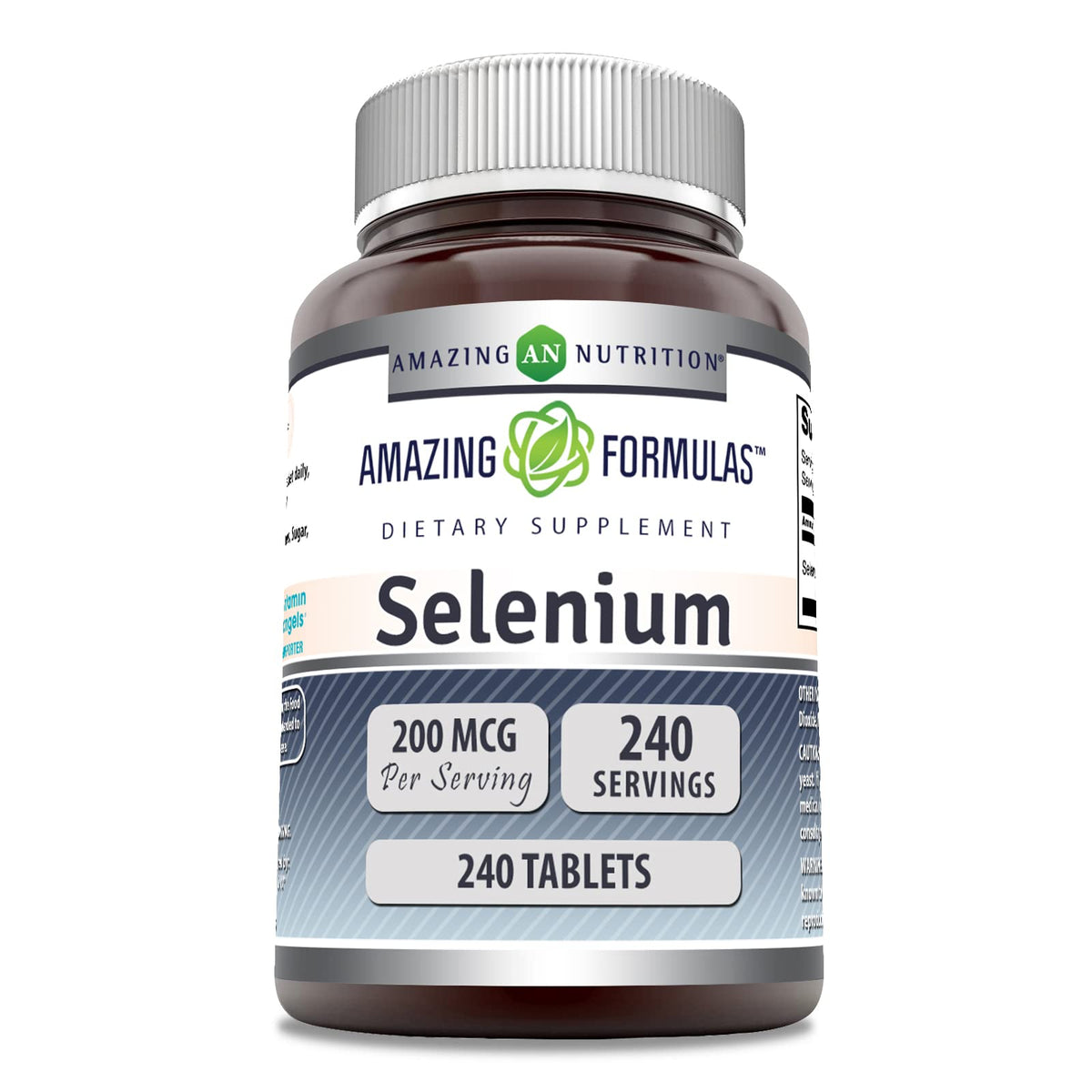Amazing Formulas Selenium 200 mcg frasco frontal para uso diario.