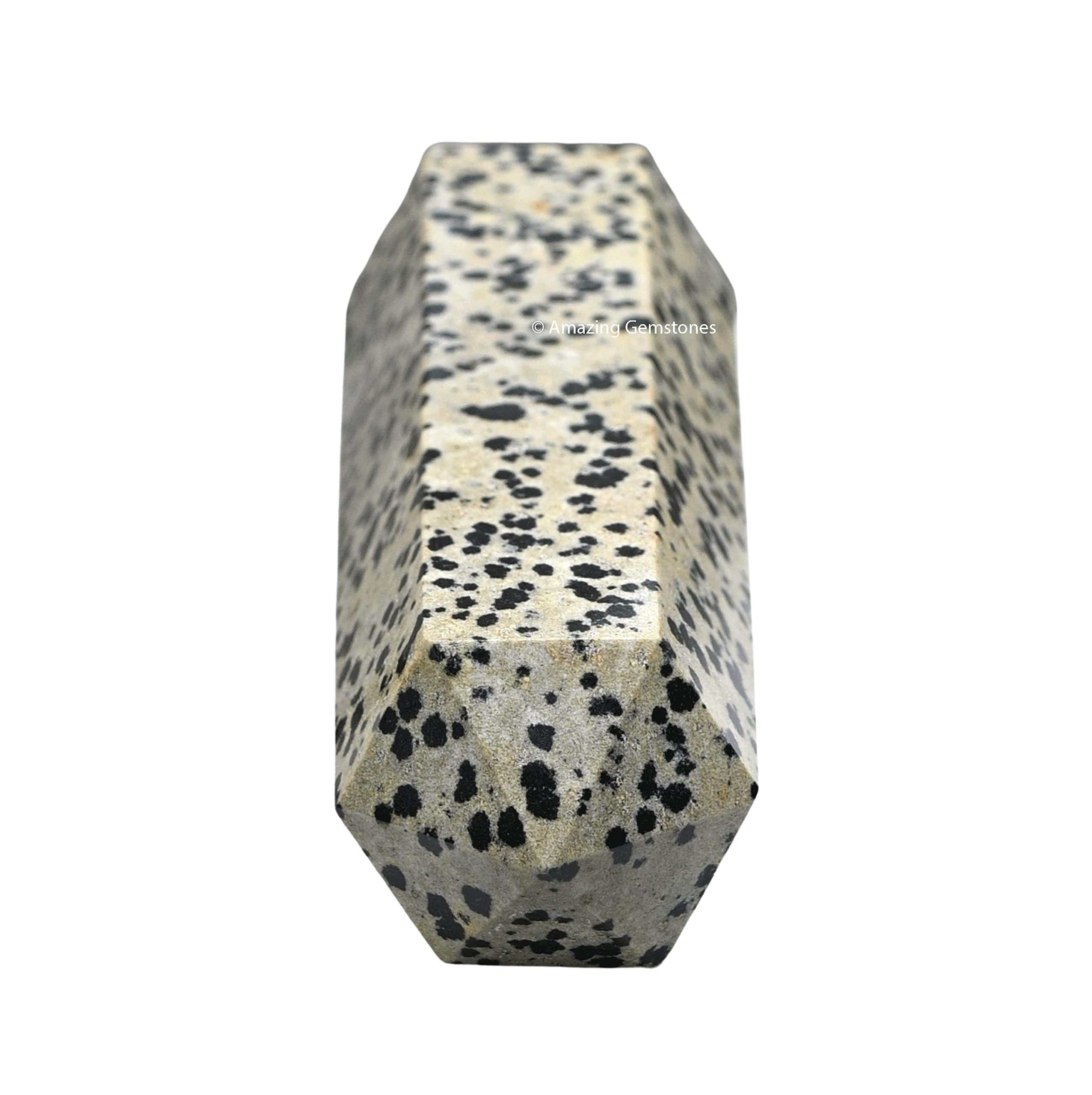 Amazing Gemstone Dalmatian Jasper Tower, in-grid center, enhances crystal layouts and intention setting.