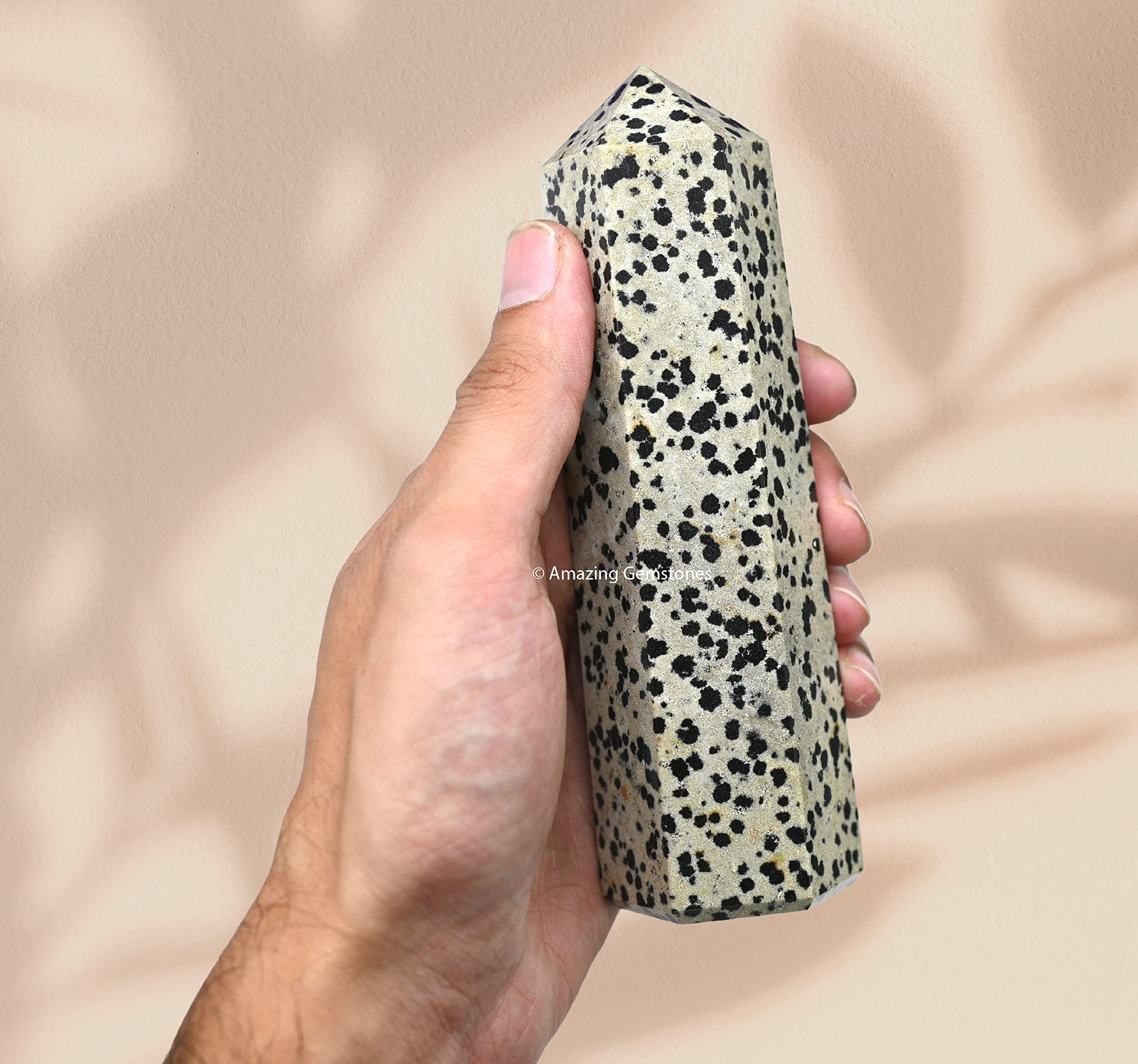 Amazing Gemstone Dalmatian Jasper Tower, workspace energy, helps dissipate tension and improve concentration.