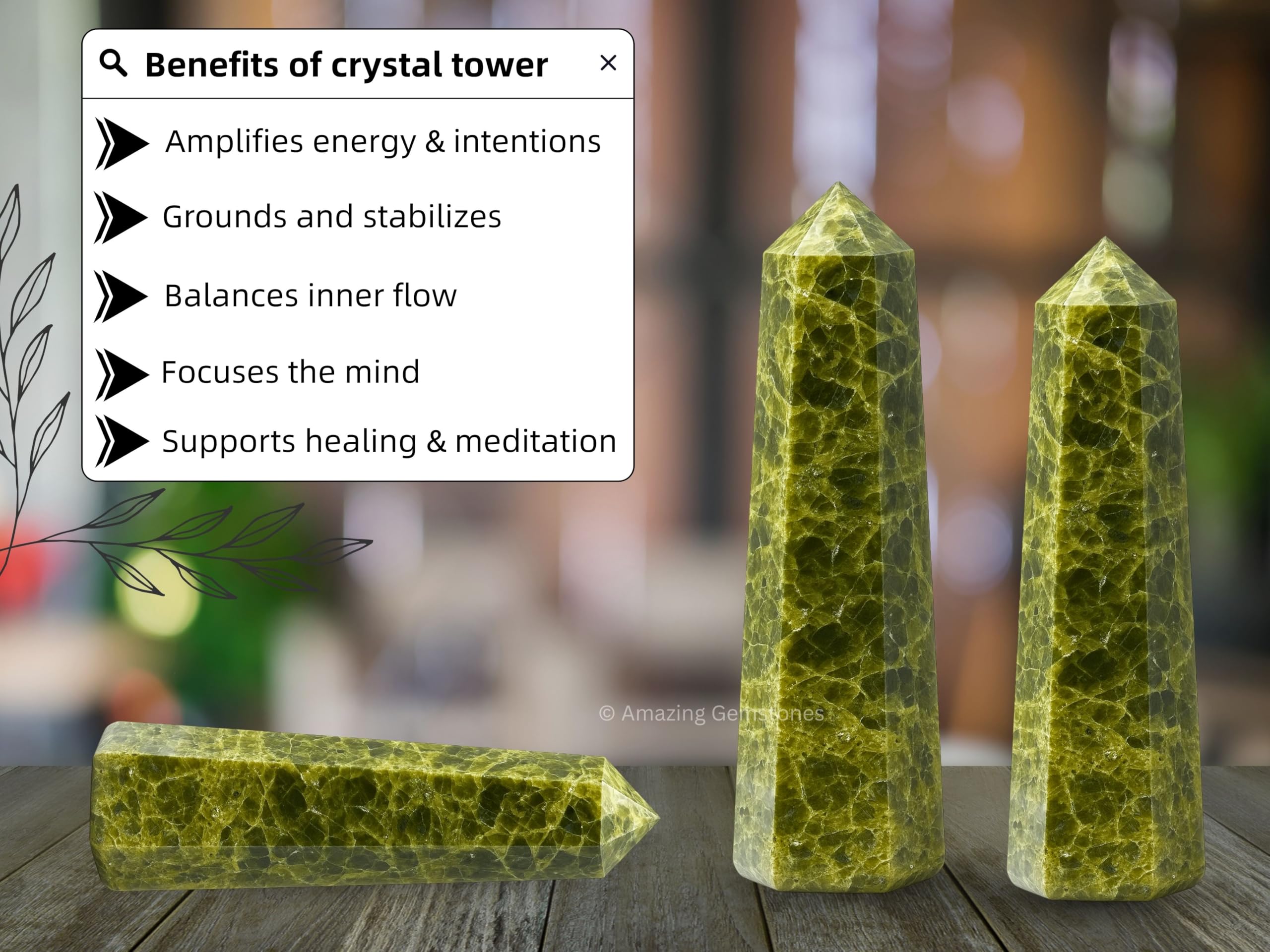 Amazing Gemstone: Torre cristal verde, purifica energía y mejora la concentración en el espacio.