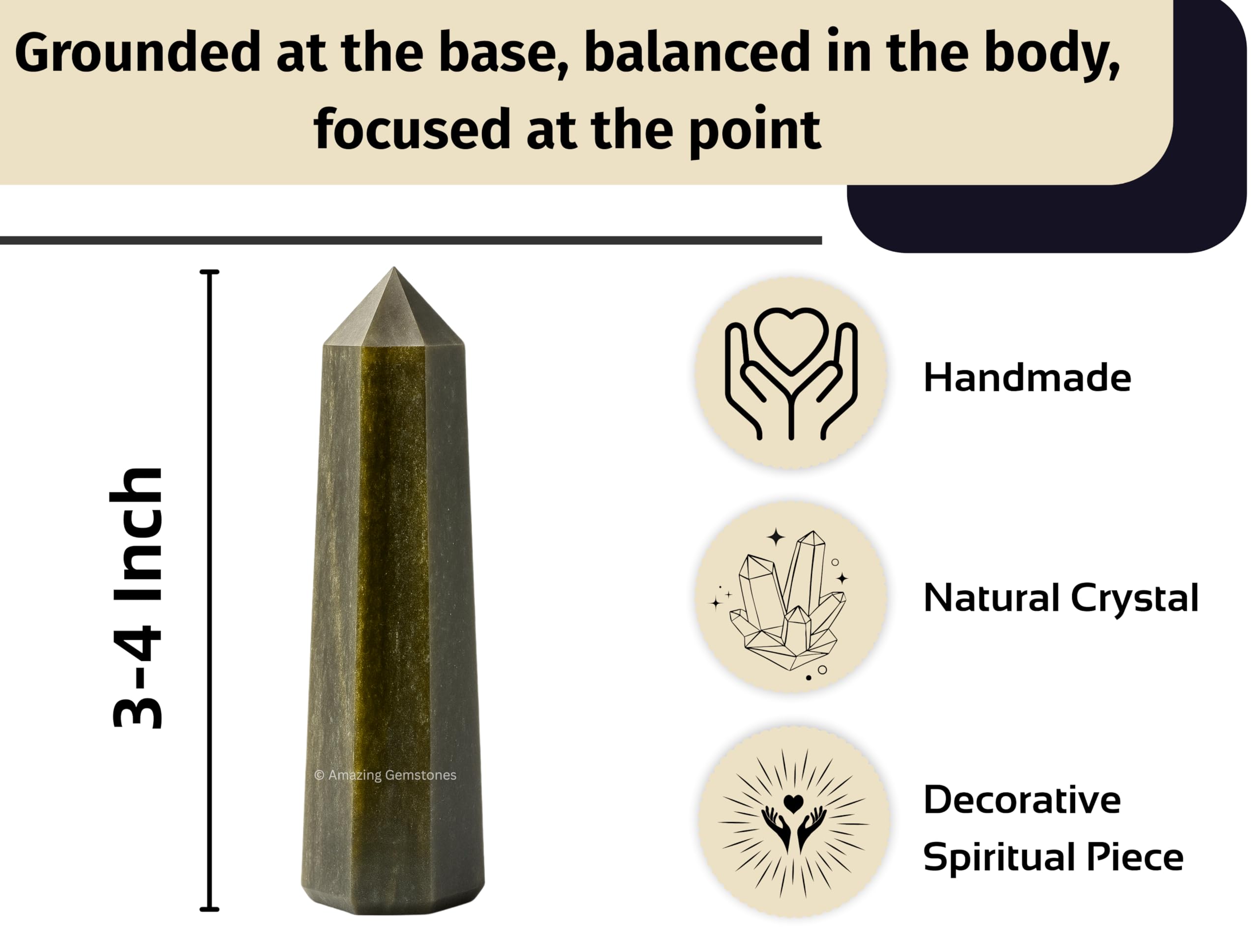 Amazing Gemstone Golden Sheen Obsidian: apex-obelisco para concentrar energía y equilibrar emociones.