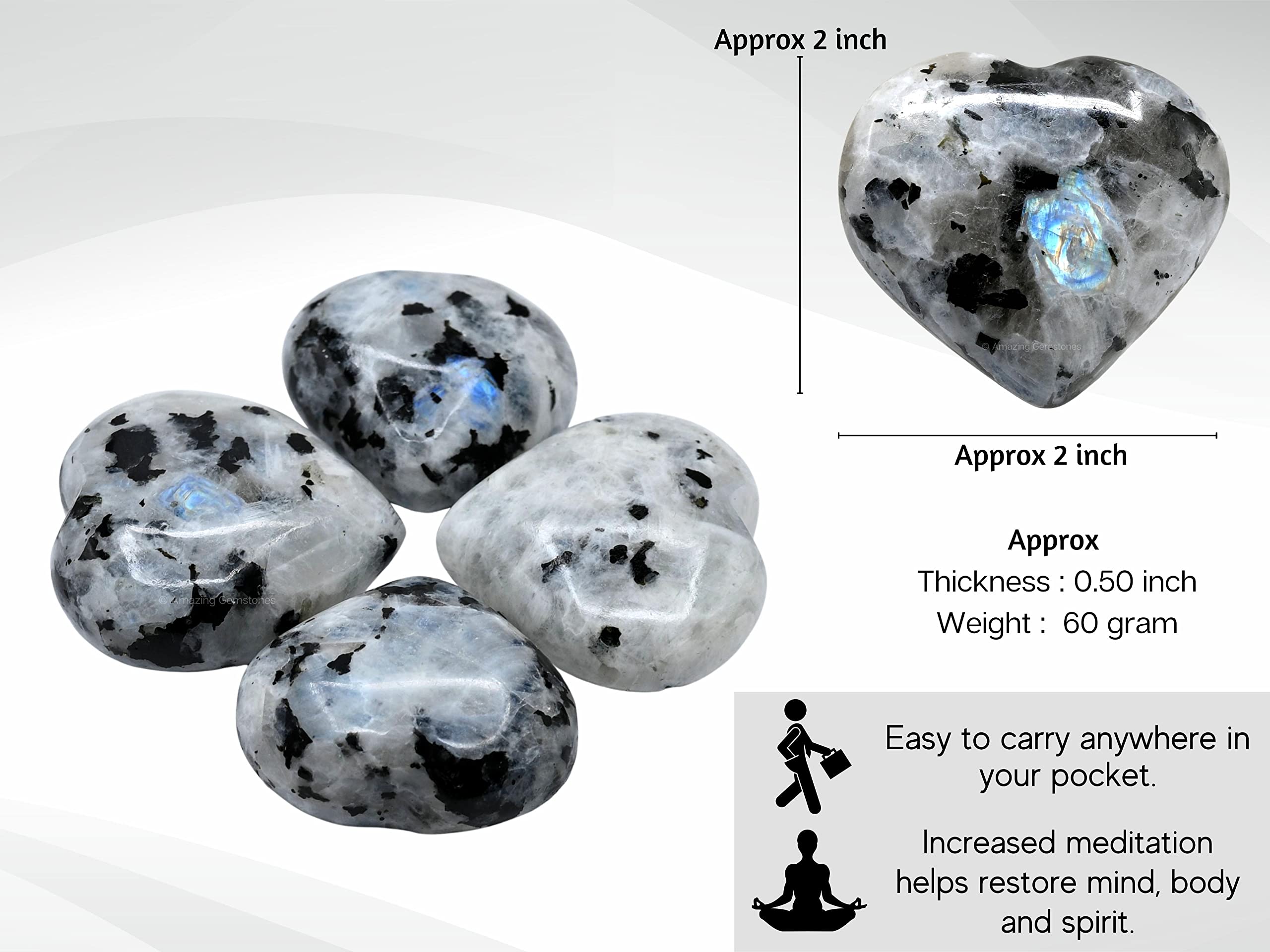 Amazing Gemstone palma con piedra luna arcoíris para masaje suave.