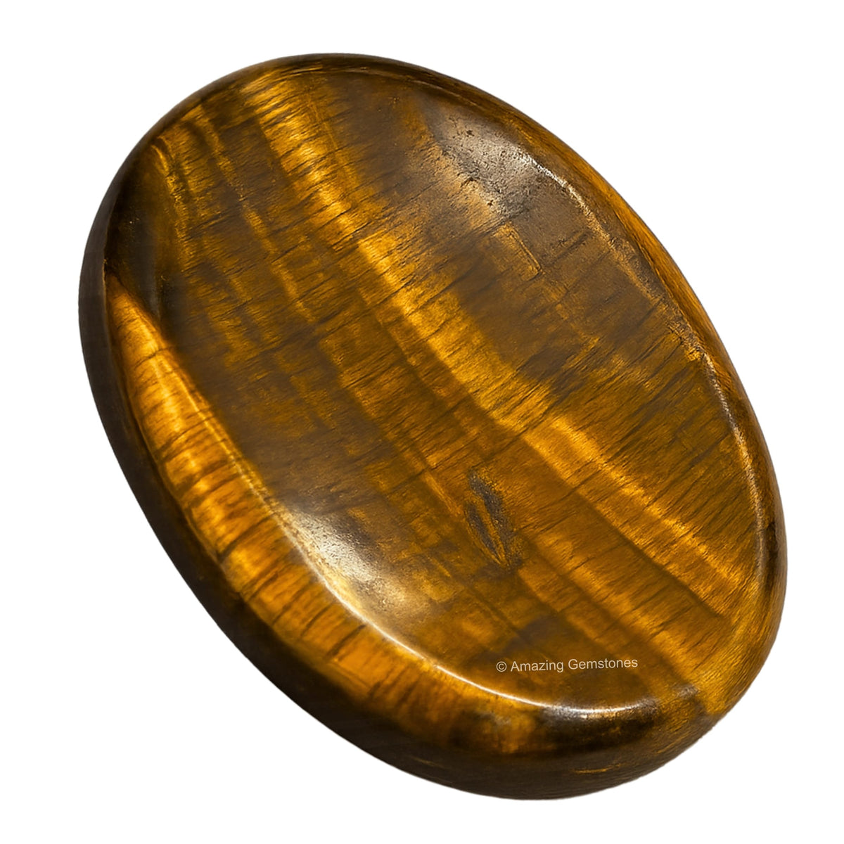 Amazing Gemstone Tiger Eye Worry Stone, vista frontal, ideal para meditación y enfoque atención plena.