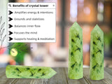 Amazing Gemstone Prehnite, torre cristal meditación, favorece concentración y calma