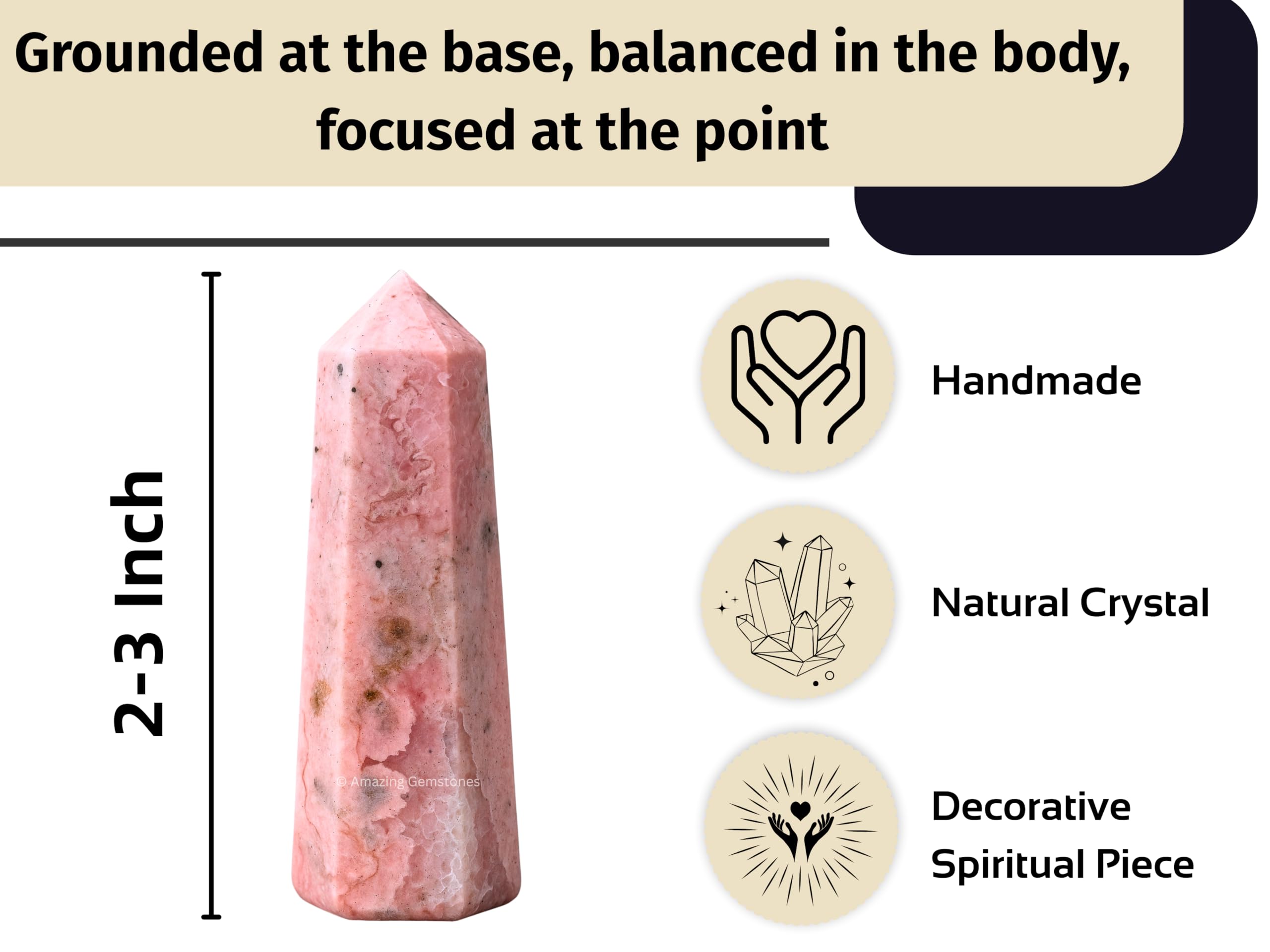 Amazing Gemstone Rhodochrosite, obelisco central para equilibrio mental y emocional.