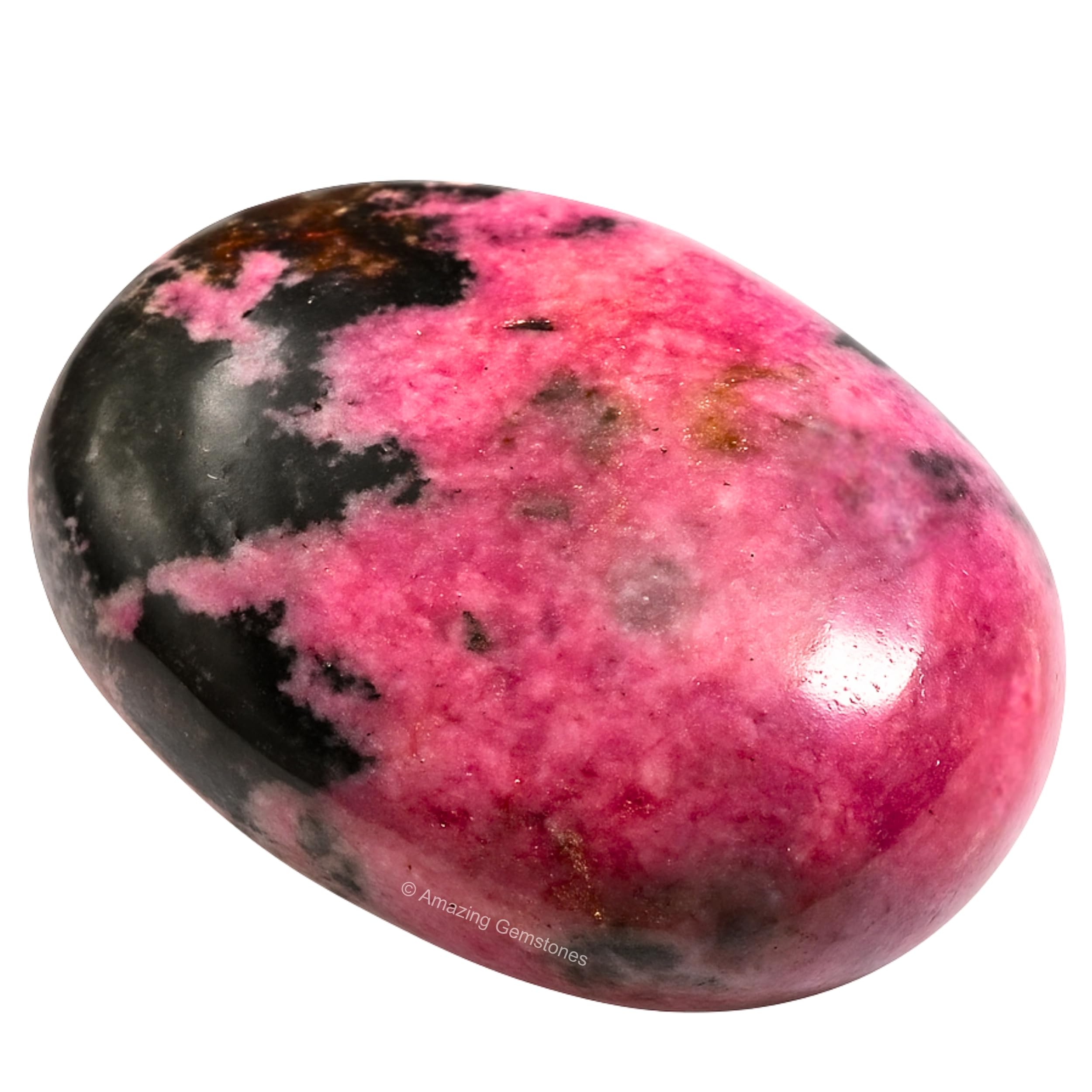 Amazing Gemstone Rhodonita, primer plano de piedra palma para relajación y armonía emocional.