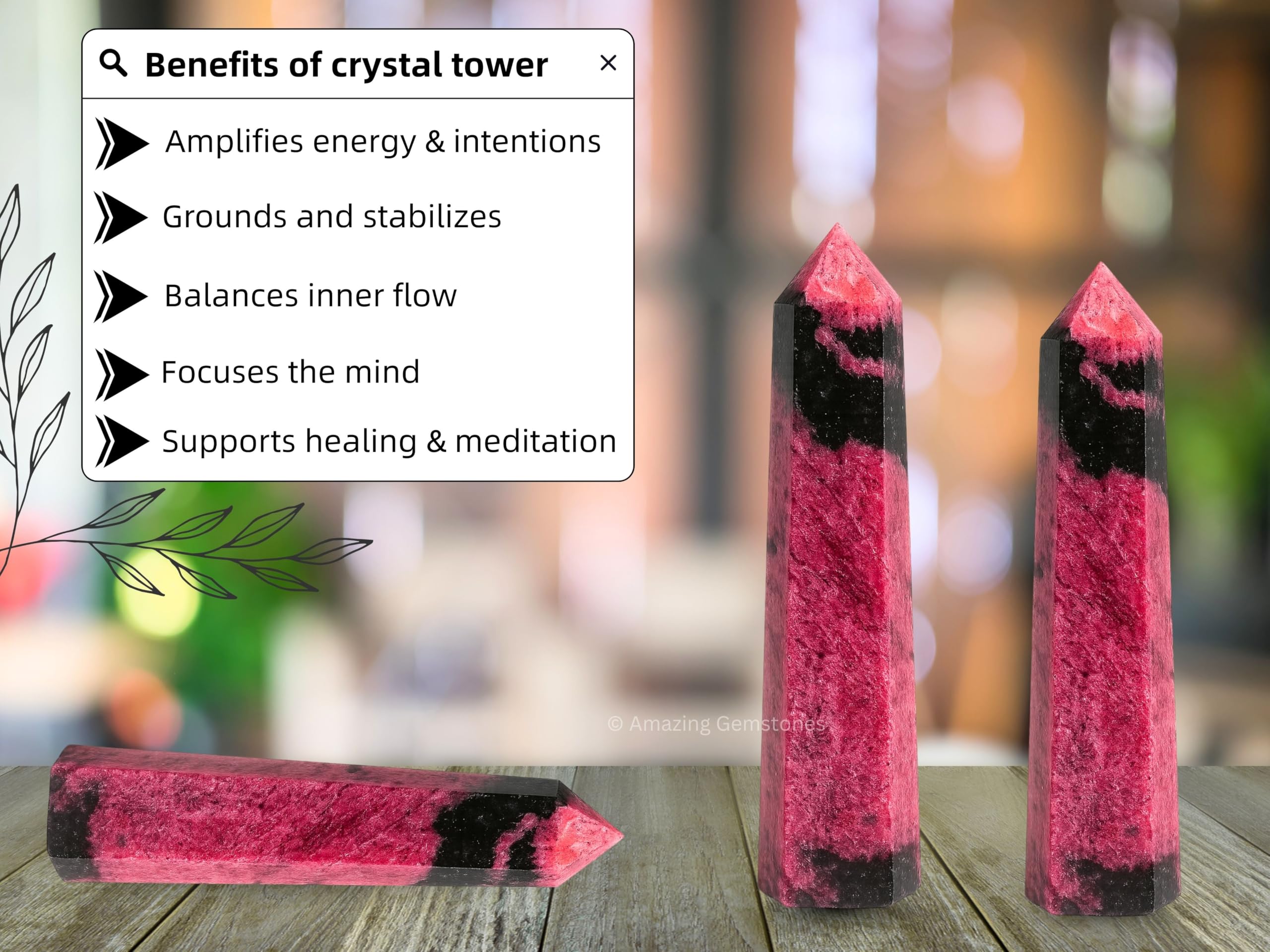 Amazing Gemstone Rhodonite: obelisco que amplifica energía para equilibrio mental y emocional.