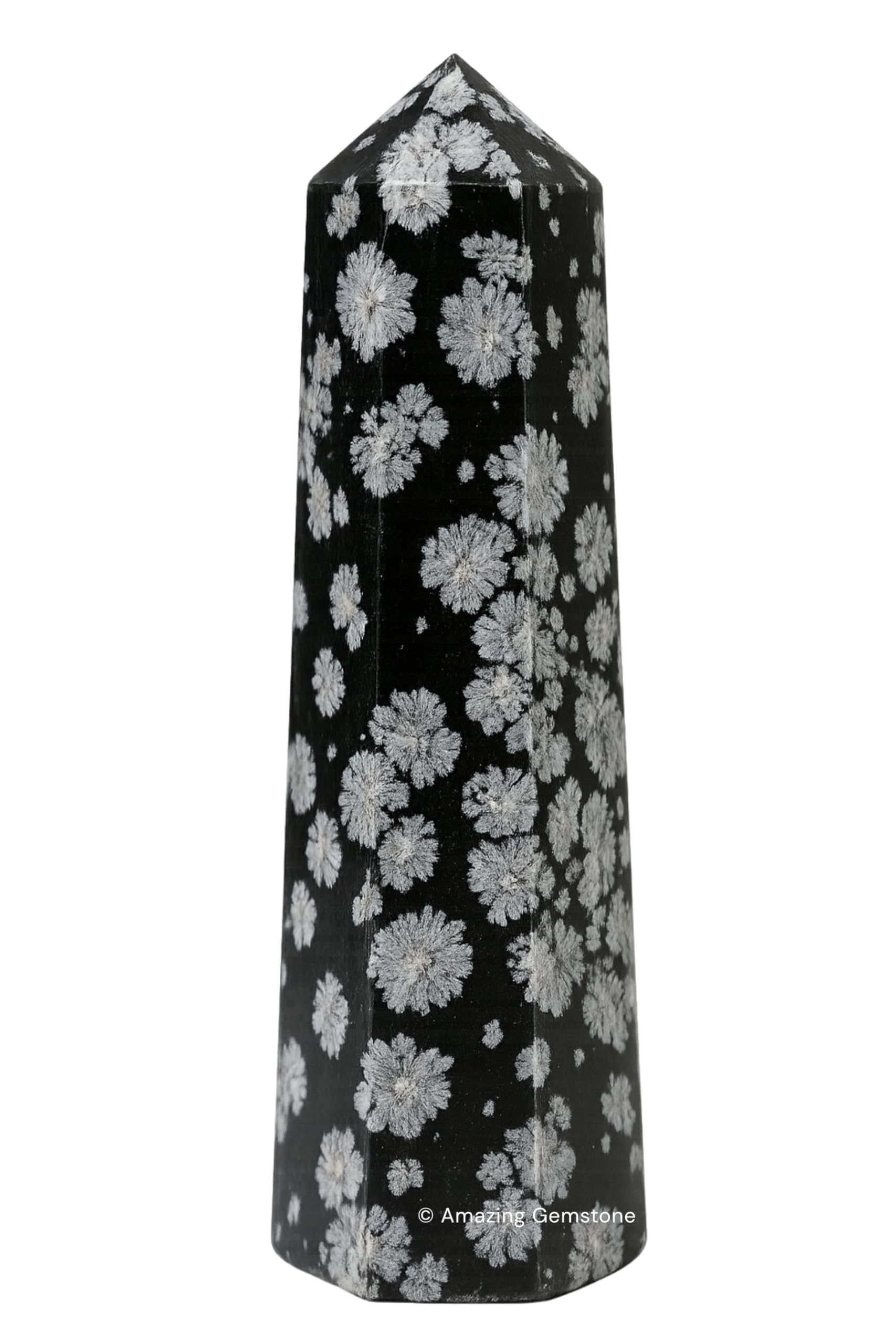 Amazing Gemstone torre de obsidiana nieve para reenergizar espacios y enfoque.