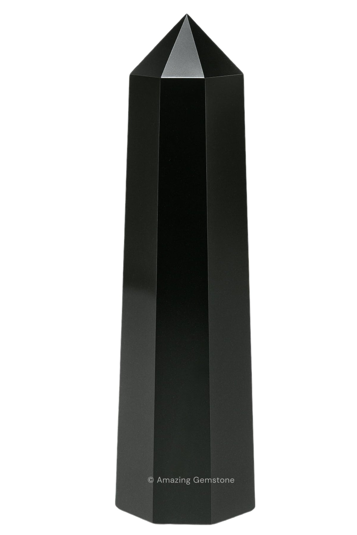 Amazing Gemstone torre de obsidiana negra, vista frontal para energizar el ambiente.
