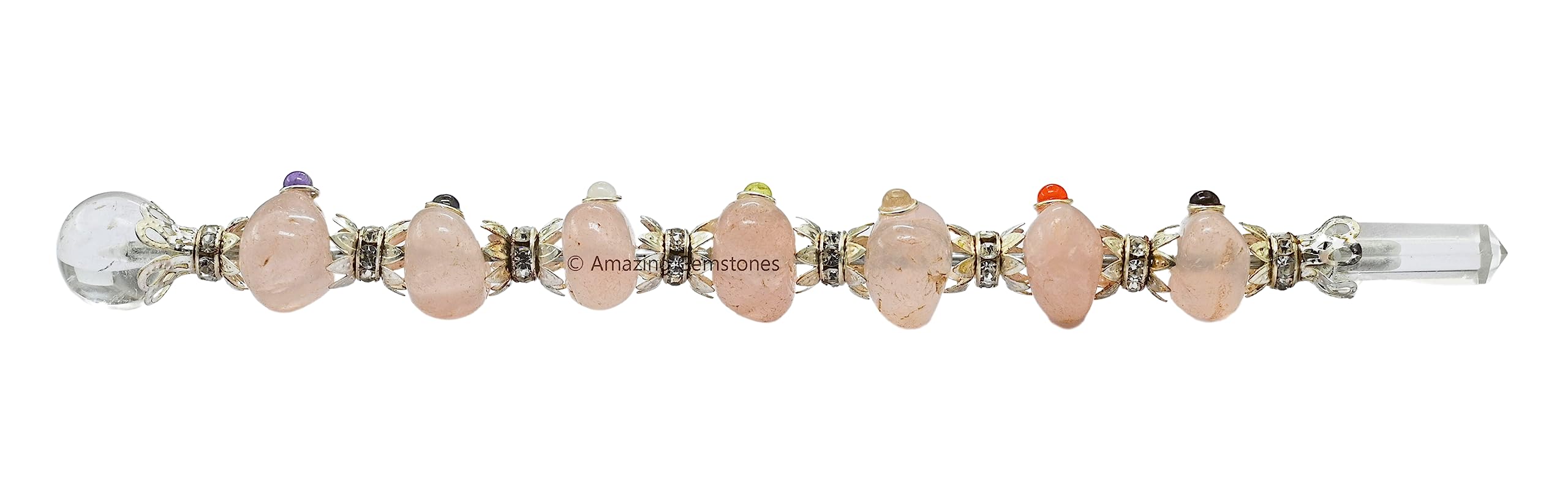 Amazing Gemstone varita cristal cuarzo rosa para equilibrio de chakras durante la meditación.