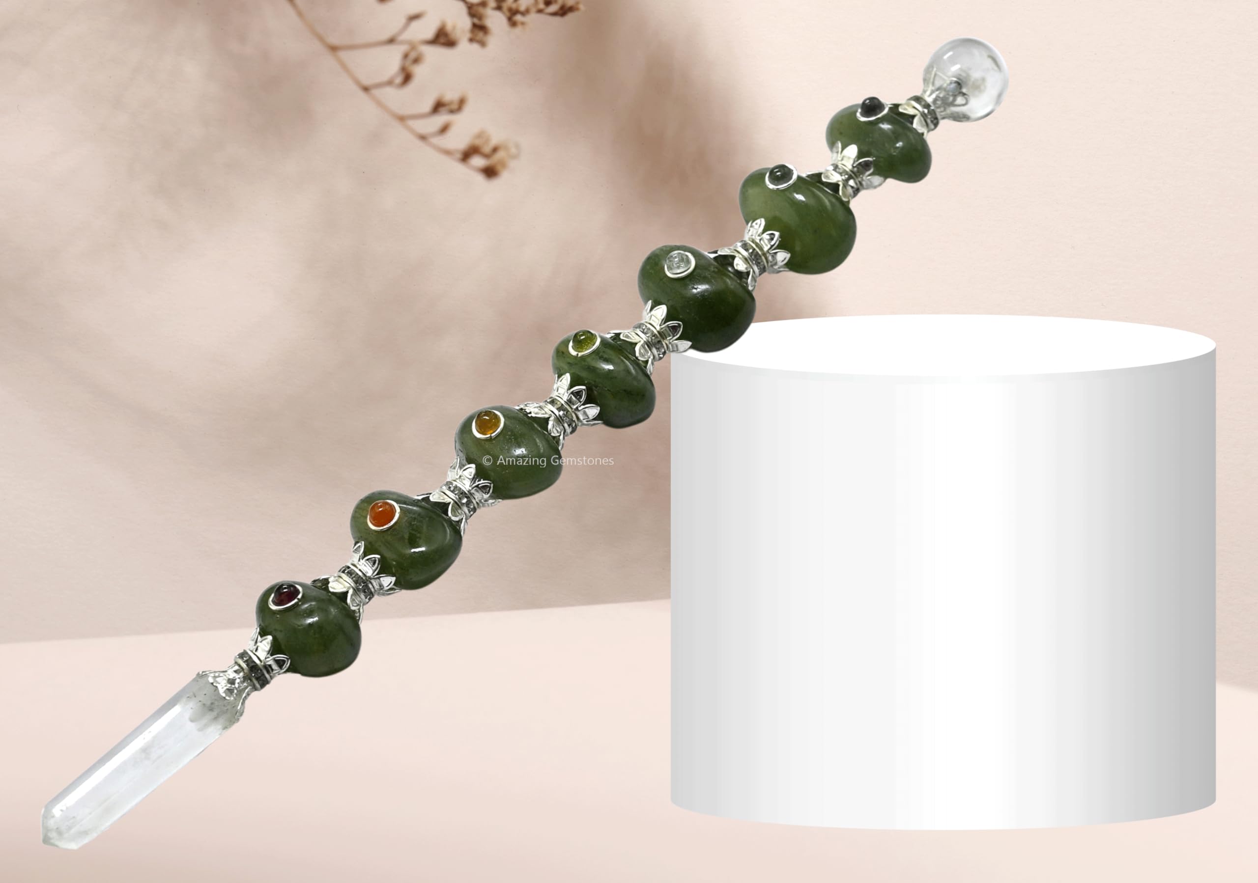Amazing Gemstone varita Wicca para rituales espirituales con cristal verde