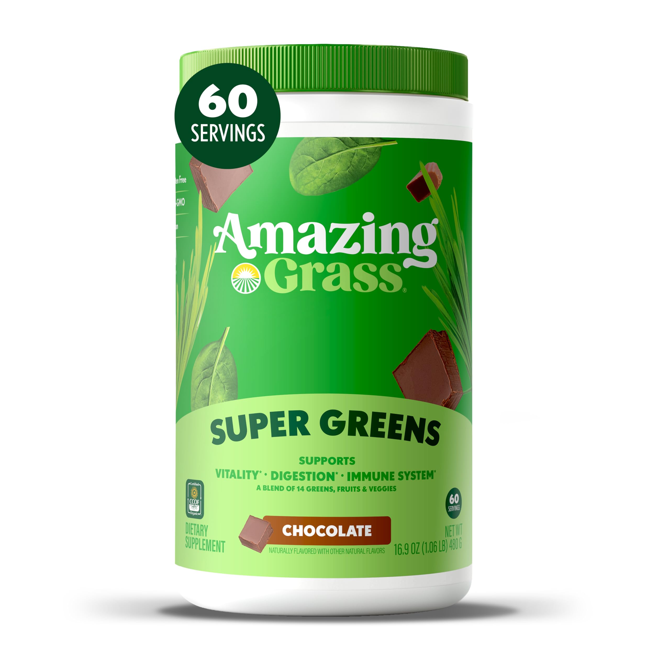 Amazing Grass Greens Superfood polvo chocolate para batidos nutritivos diarios.