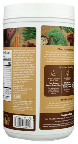 Amazing Grass Organic Plant Protein botella con verduras, destaca nutrientes y proteína de origen vegetal
