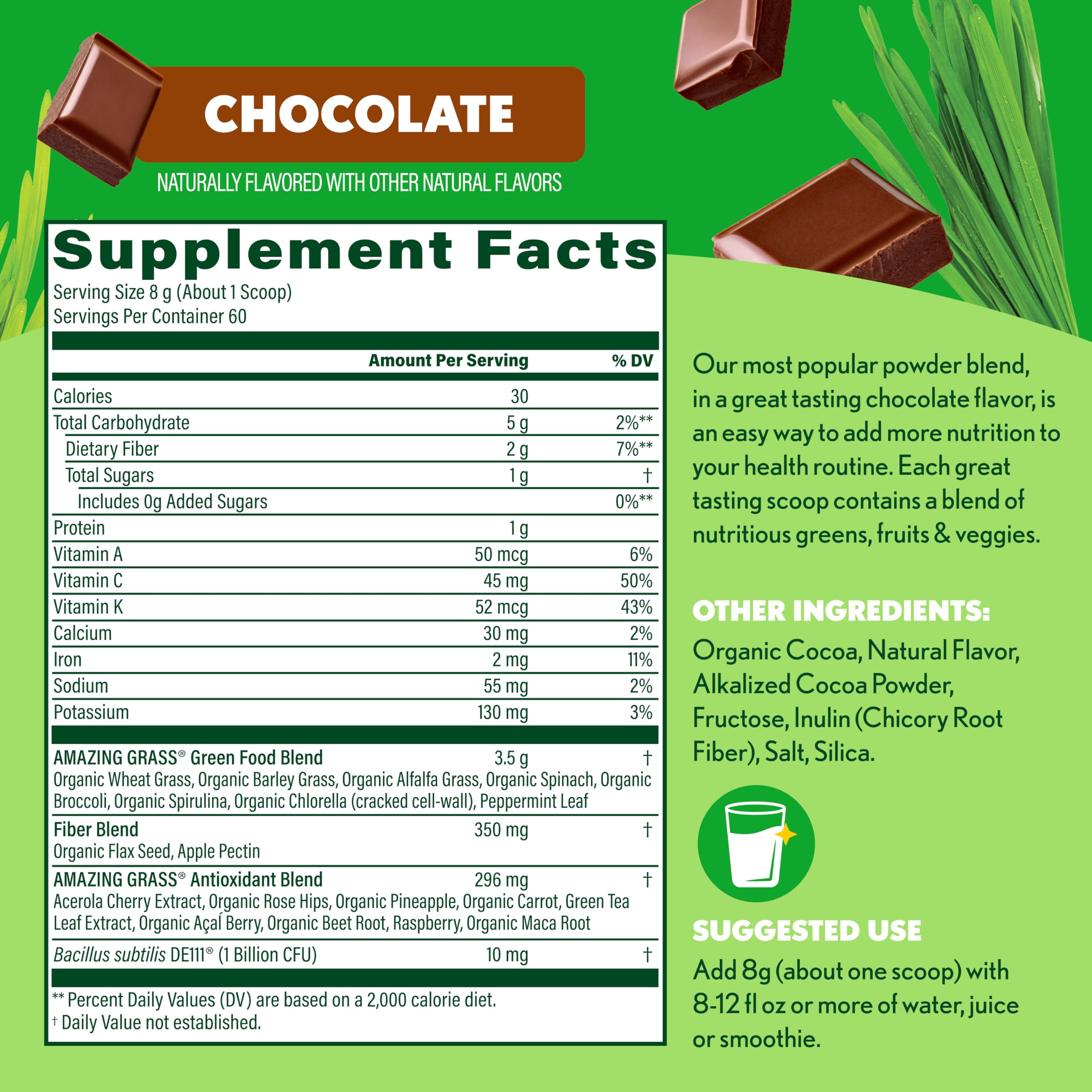 Smoothie verde con Amazing Grass, sabor chocolate suave y agradable.
