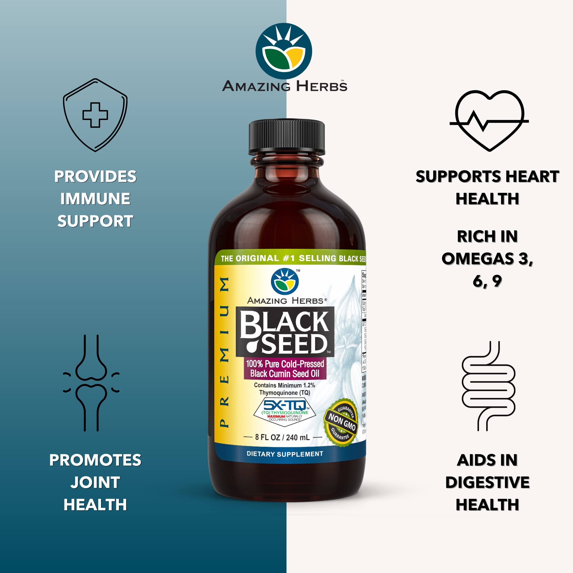 Amazing Herbs etiqueta destacando calidad orgánica y ausencia de conservantes
