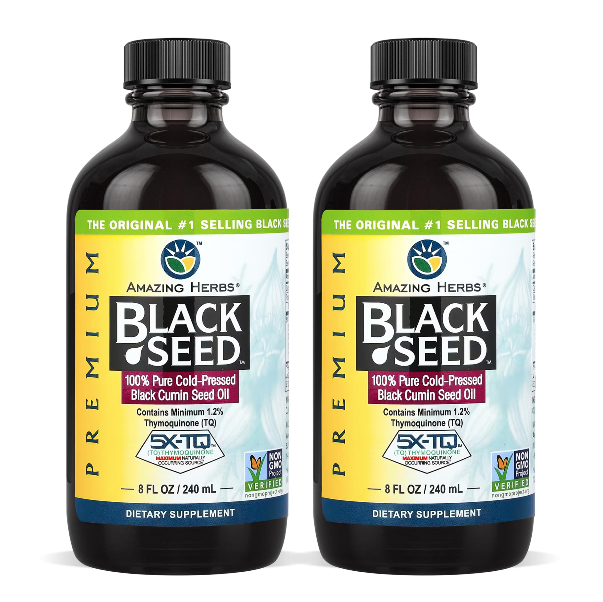 Amazing Herbs aceite negro de semilla, vertido desde la botella para uso diario