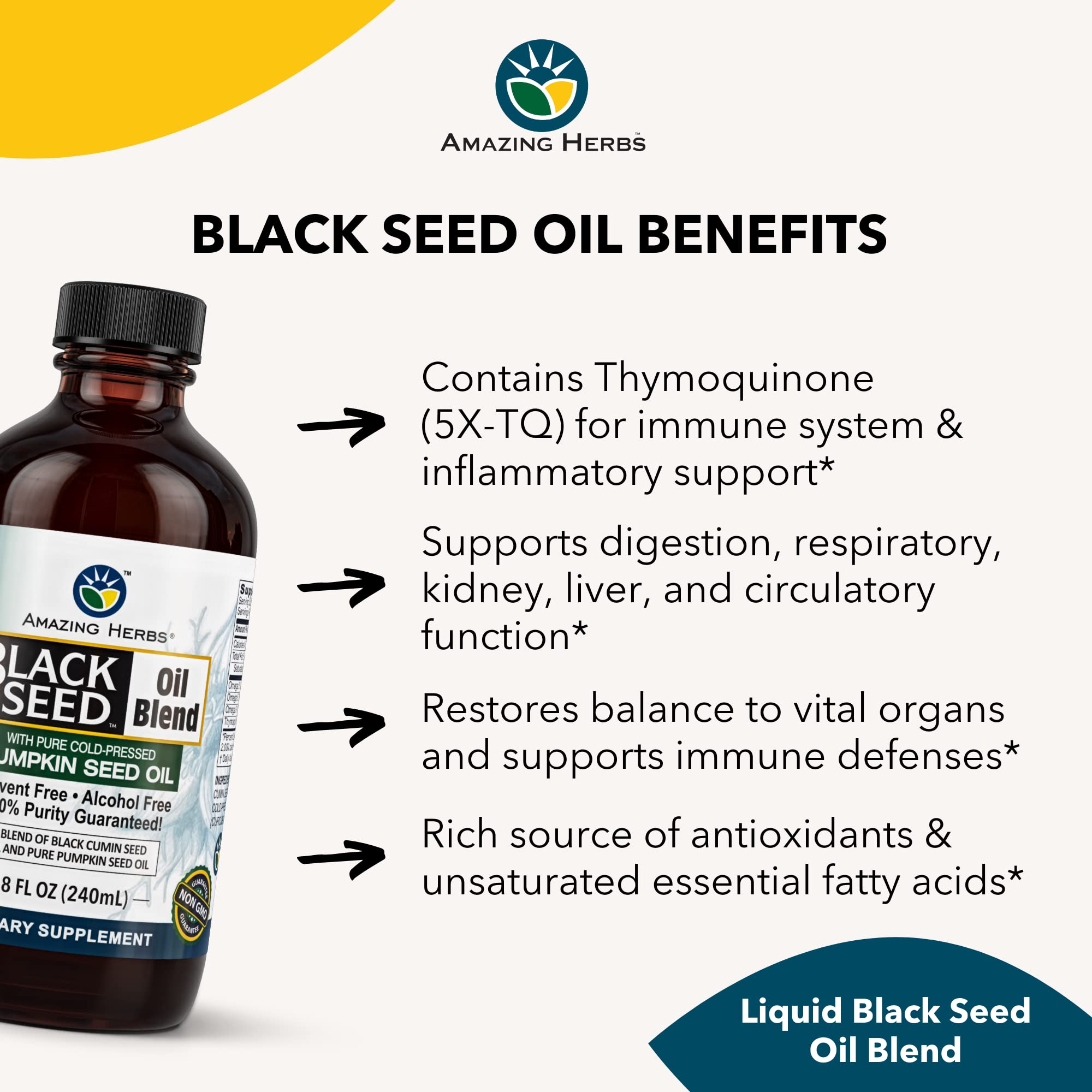 Aceite Amazing Herbs con omega 3-6-9 prensado en frío para una nutrición equilibrada.
