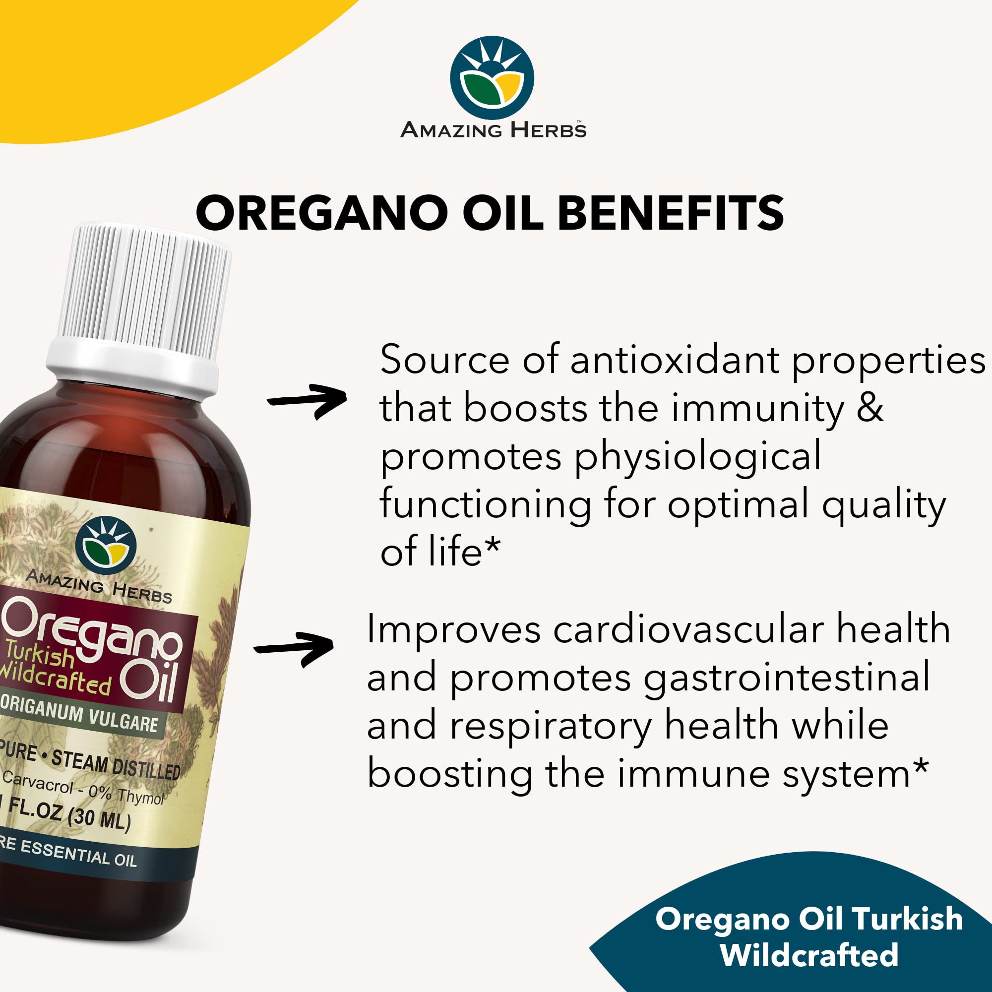 Etiqueta de Amazing Herbs Aceite de Orégano mostrando pureza y origen silvestre.