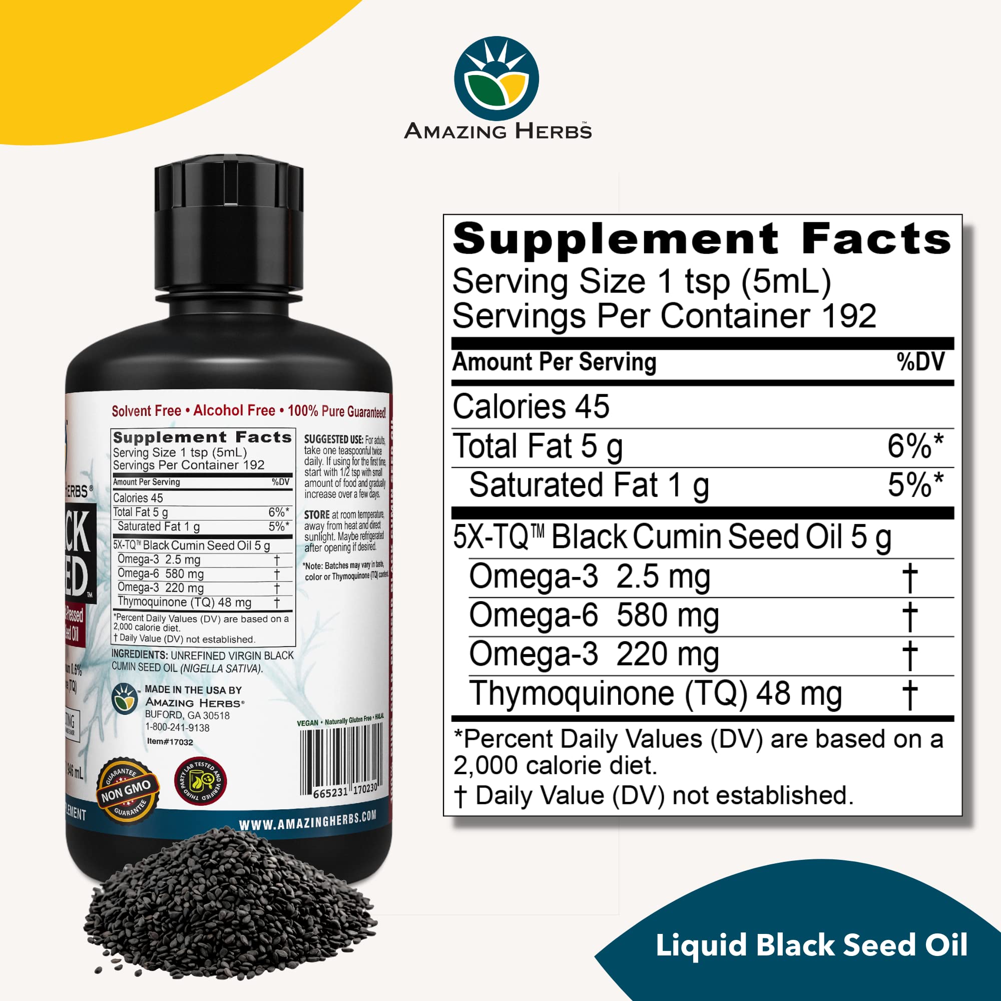 Amazing Herbs aceite de semilla negra egipto, tapa segura para almacenamiento.
