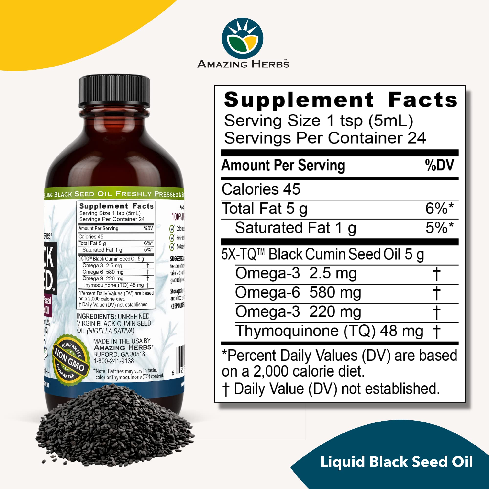 Amazing Herbs Aceite de Semilla Negra, origen orgánico, etiqueta informativa.