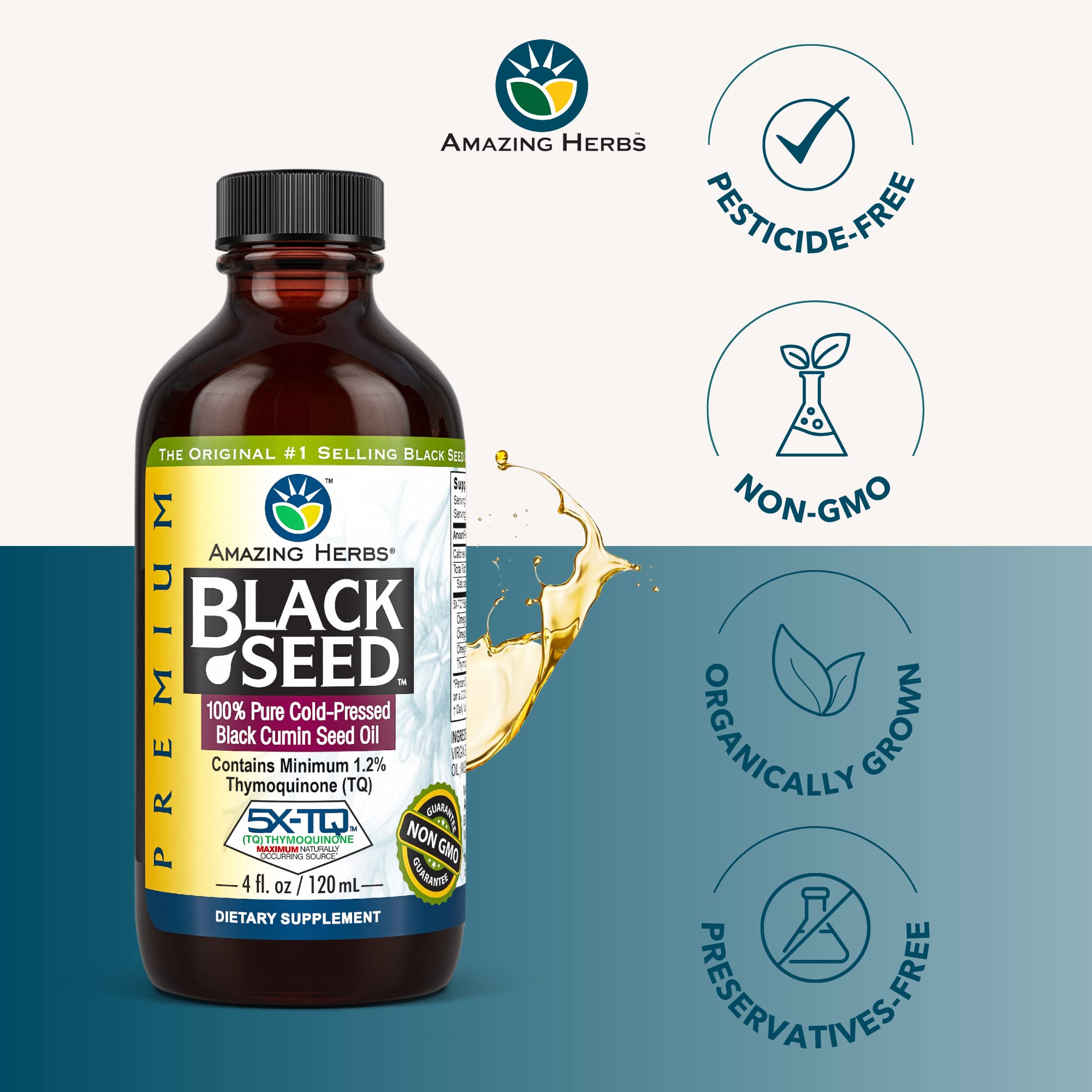 Amazing Herbs Aceite de Semilla Negra, etiqueta clara, calidad de ingredientes.