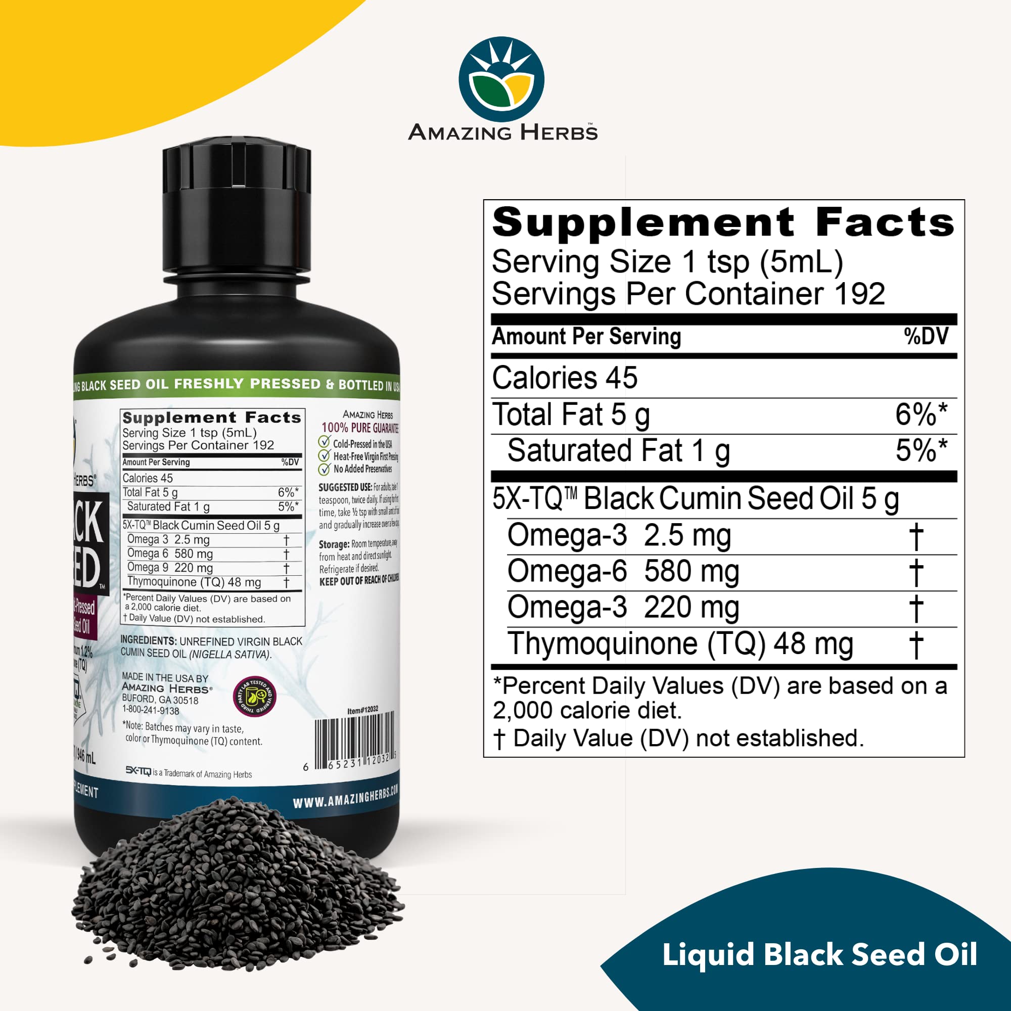 Amazing Herbs Aceite de Semilla Negra, etiqueta frontal clara para fácil identificación y uso diario.