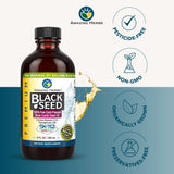 Etiqueta natural de Amazing Herbs en frasco de aceite de semilla negra.
