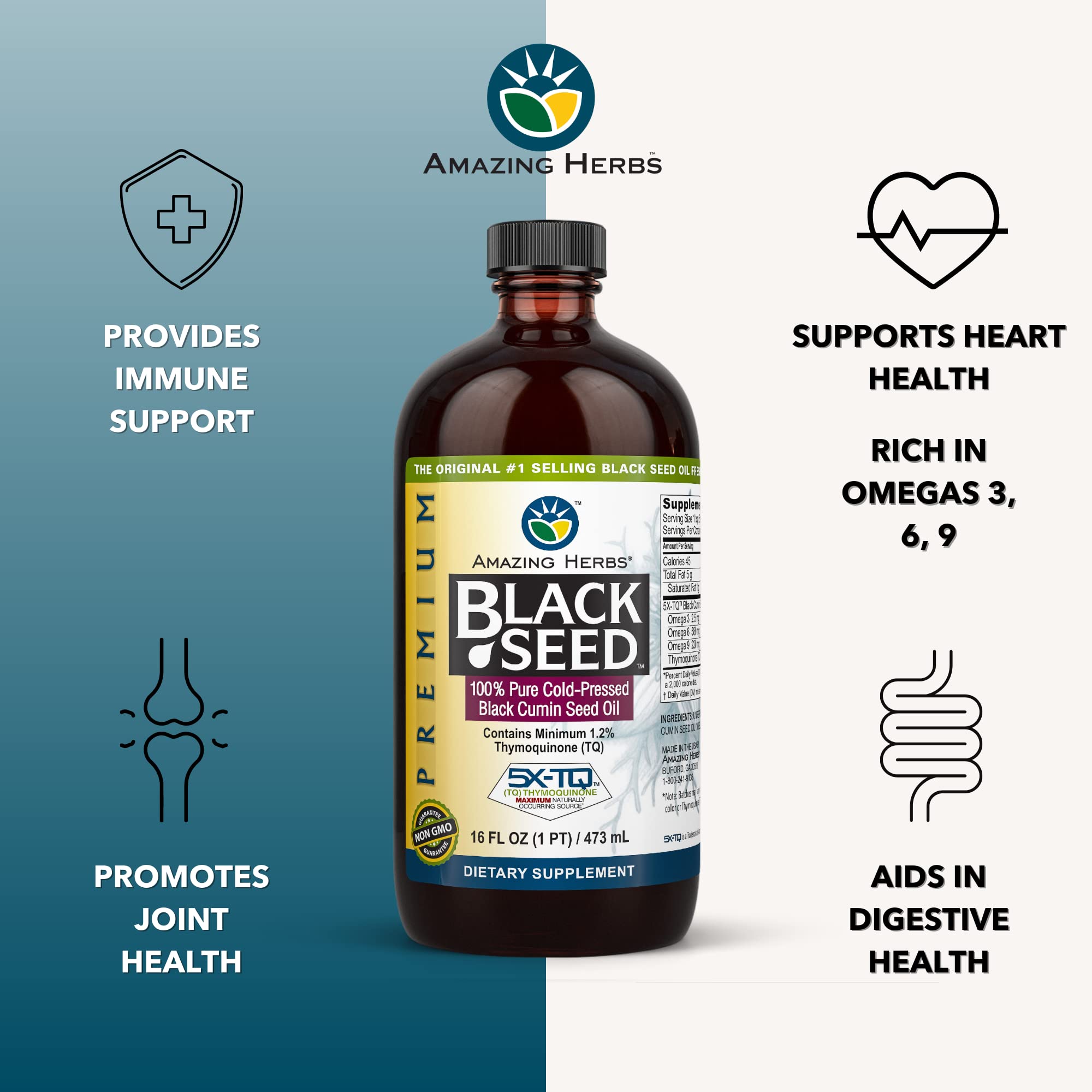 Amazing Herbs Aceite de Semilla Negra: etiqueta visible para confianza y pureza del producto.
