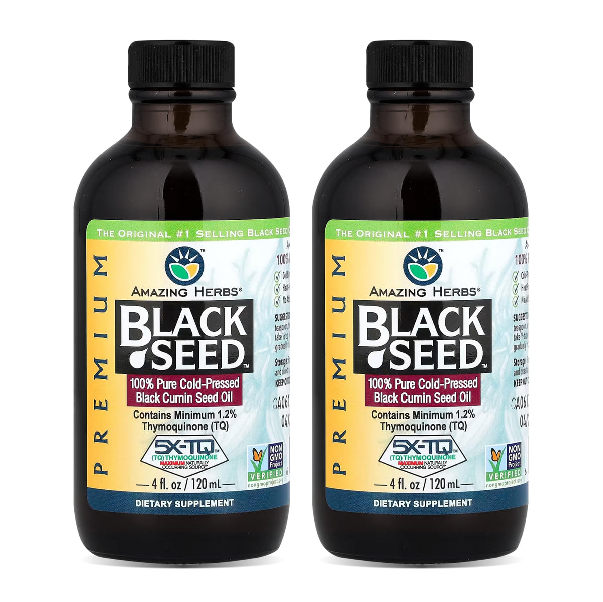 Aceite Amazing Herbs de semilla negra prensado en frío, botella para uso diario.