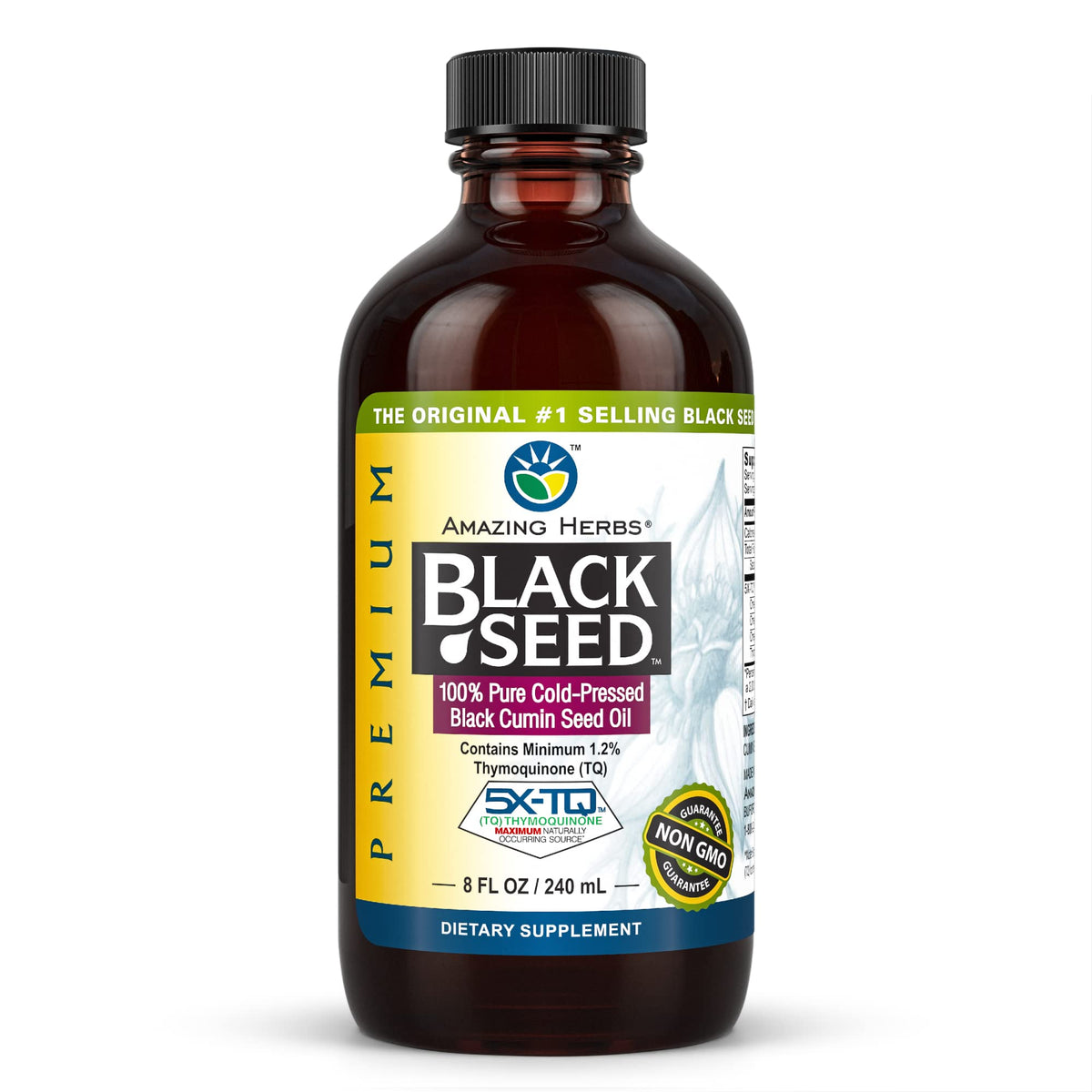 Botella de Amazing Herbs aceite de semilla negra prensado en frío para uso diario.