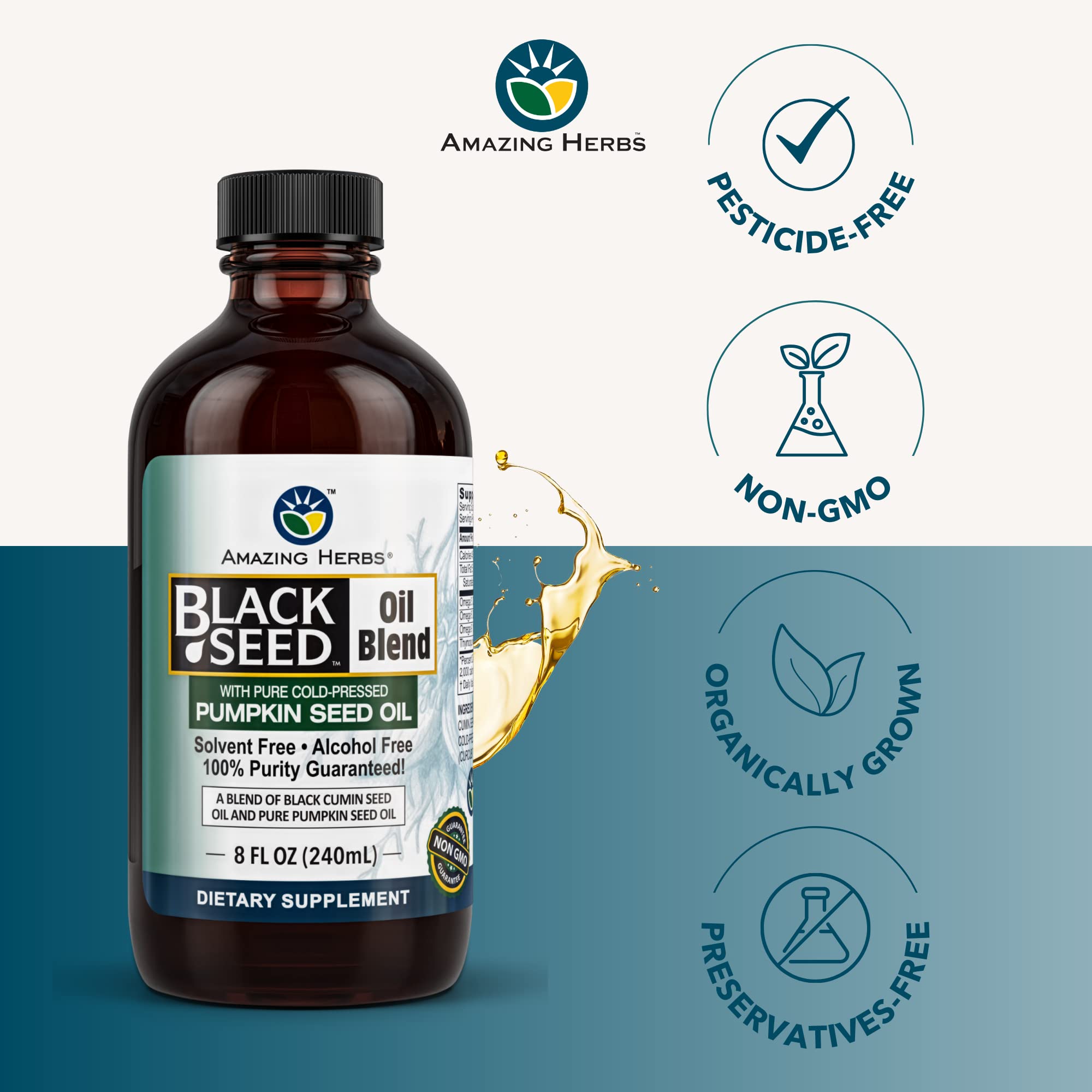 Aceite Amazing Herbs sin conservantes ni gluten, apto para diversas dietas.