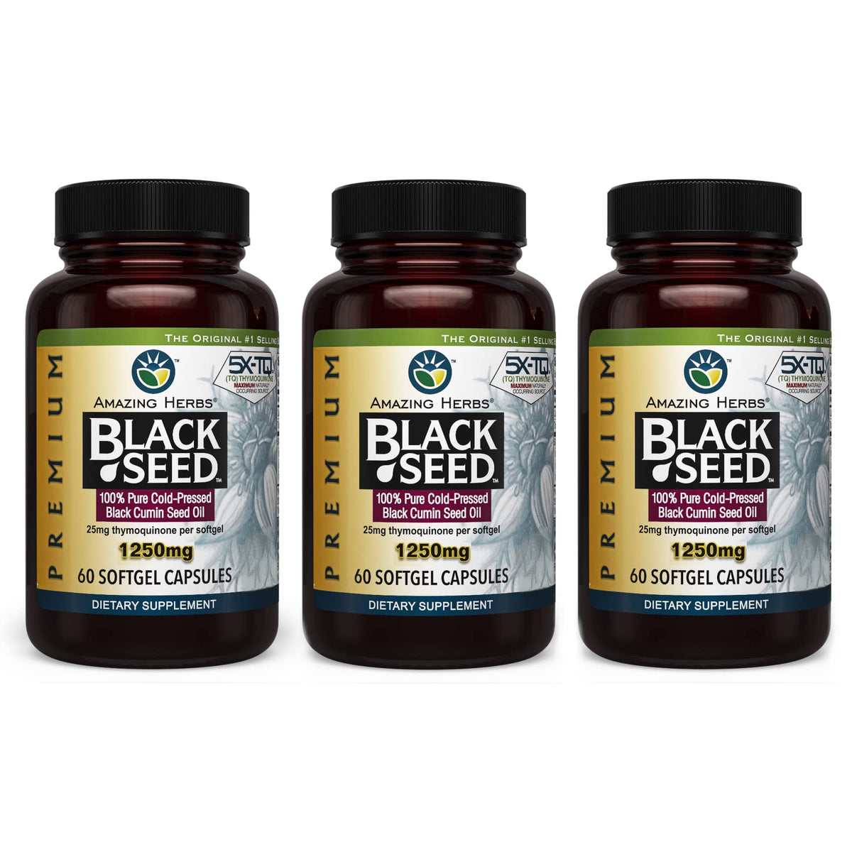 Amazing Herbs cápsulas con aceite de semilla negra 1250 mg, pack 3 para uso diario.